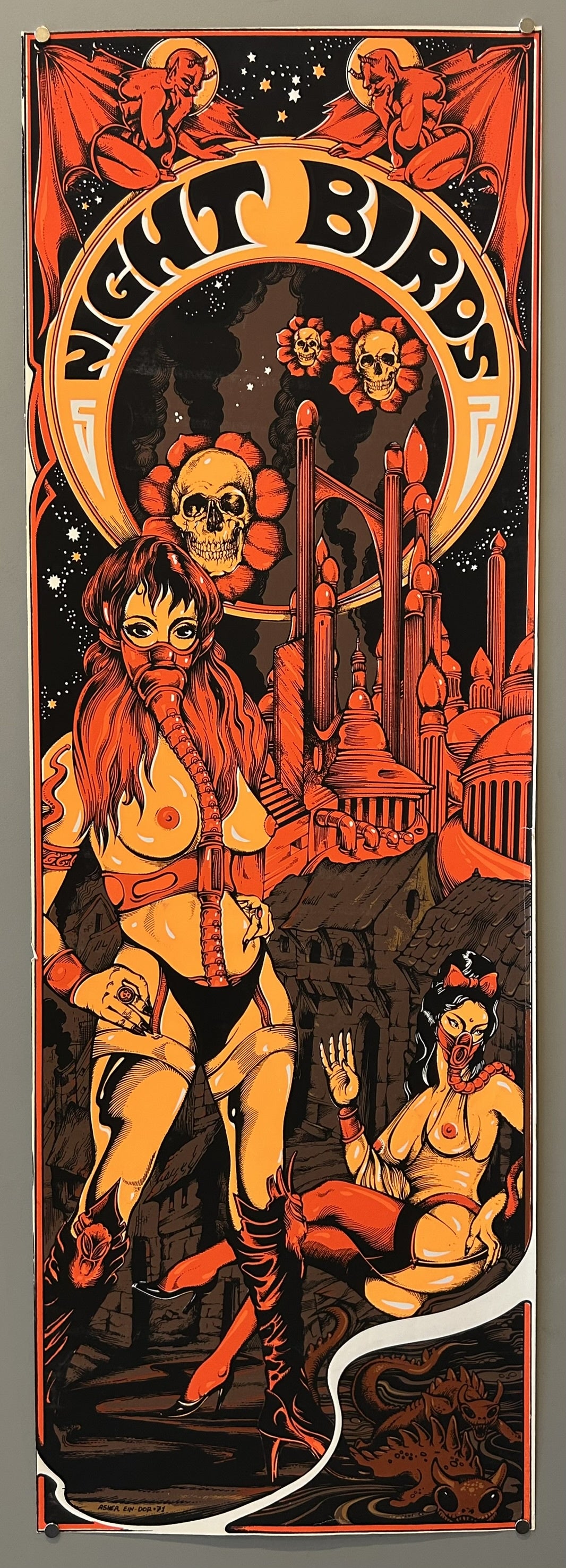 A psychedelic poster titled 'Night Birds' by Asher Dikstein, featuring two stylized women in gas masks and revealing attire, against a backdrop of fantastical architecture and skull-like flowers, with winged demonic figures at the top