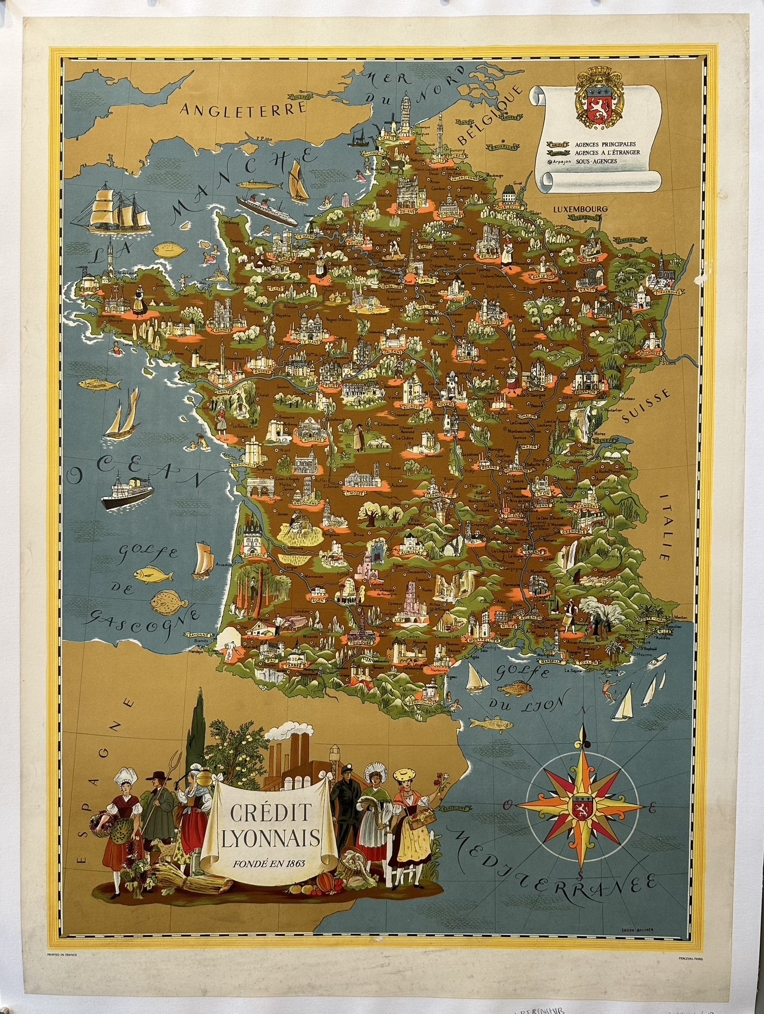 map of France by Lucian Boucher for Crédit Lyonnais, depicting the bank's locations across France with illustrations of cities, châteaux, cathedrals, and monuments like the Eiffel Tower.