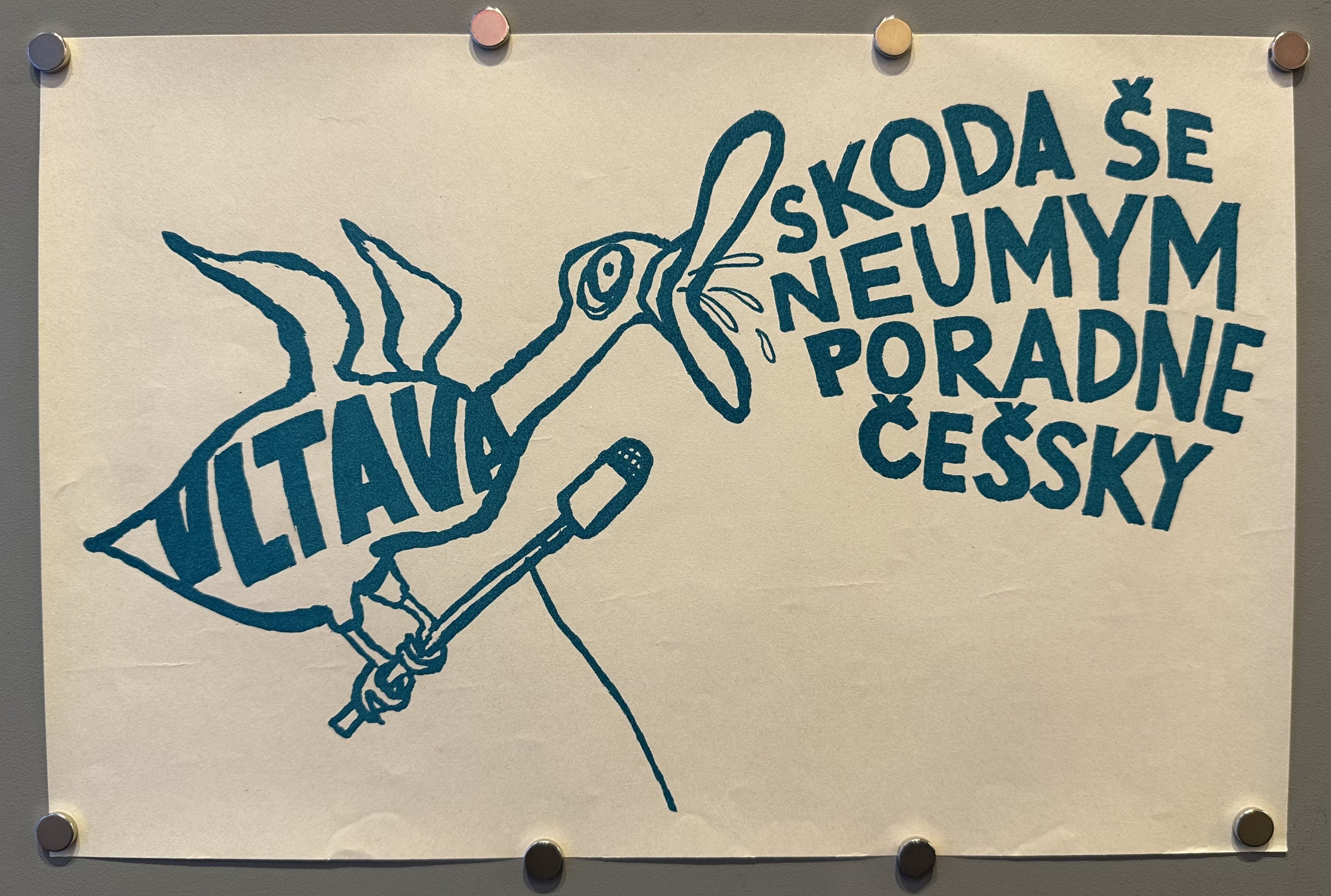 A duck holds a microphone and shouts the text in this Czech political poster.