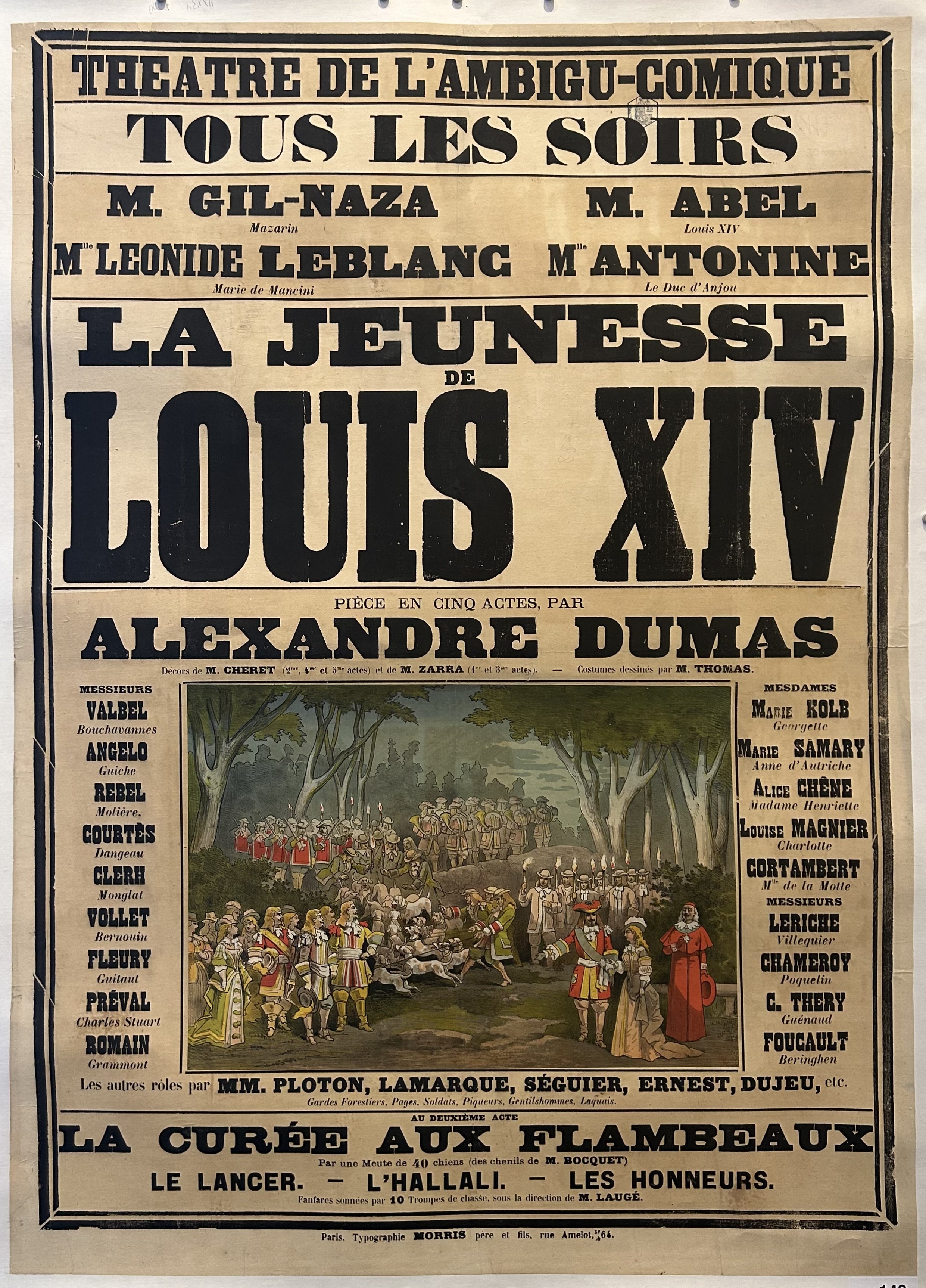 Poster listing the actors and crew of 'La Jeunesse de Louis XIV' with an illustrated scene from the play in the middle of the print