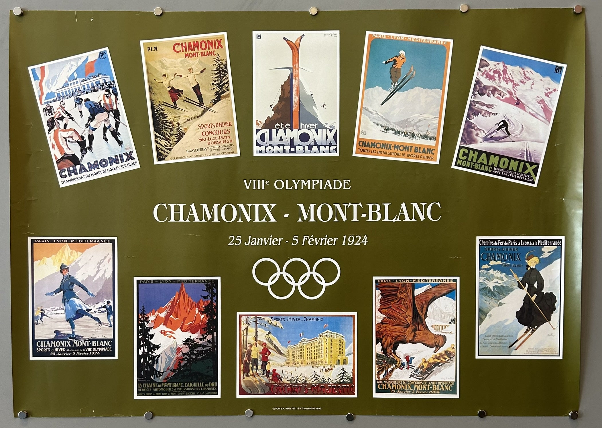 A collection of vintage advertisements and promotional materials for Chamonix-Mont-Blanc, primarily highlighting winter sports and the VIIIe Olympiade held there in 1924.