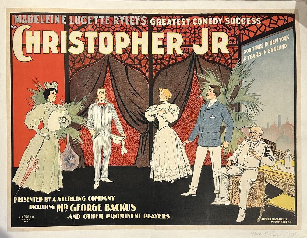 The poster specifically mentions "200 times in New York" and "2 years in England," indicating it was created during or after the play's successful run in both locations, which aligns with the mid-to-late 1890s timeframe.