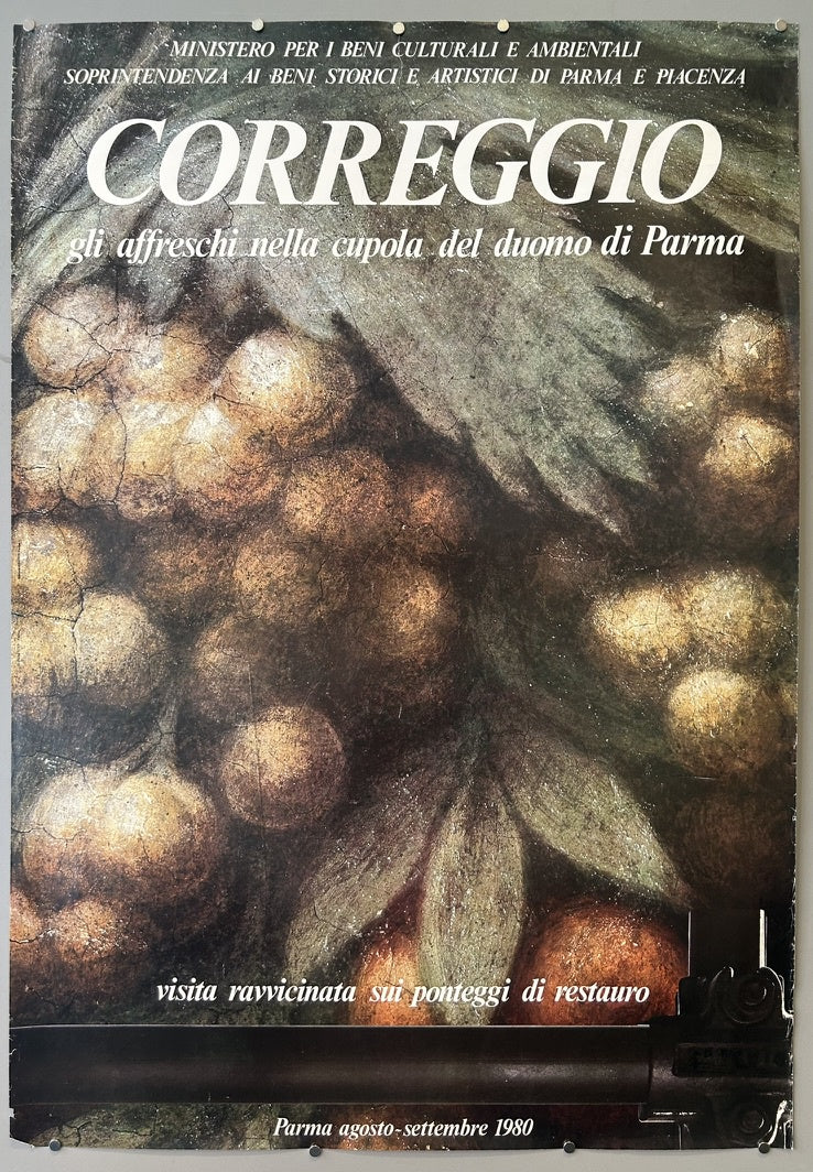 The poster features the work of the artist Correggio (Antonio Allegri da Correggio). The poster specifically highlights "gli affreschi nella cupola del duomo di Parma" (the frescoes in the dome of Parma Cathedral).