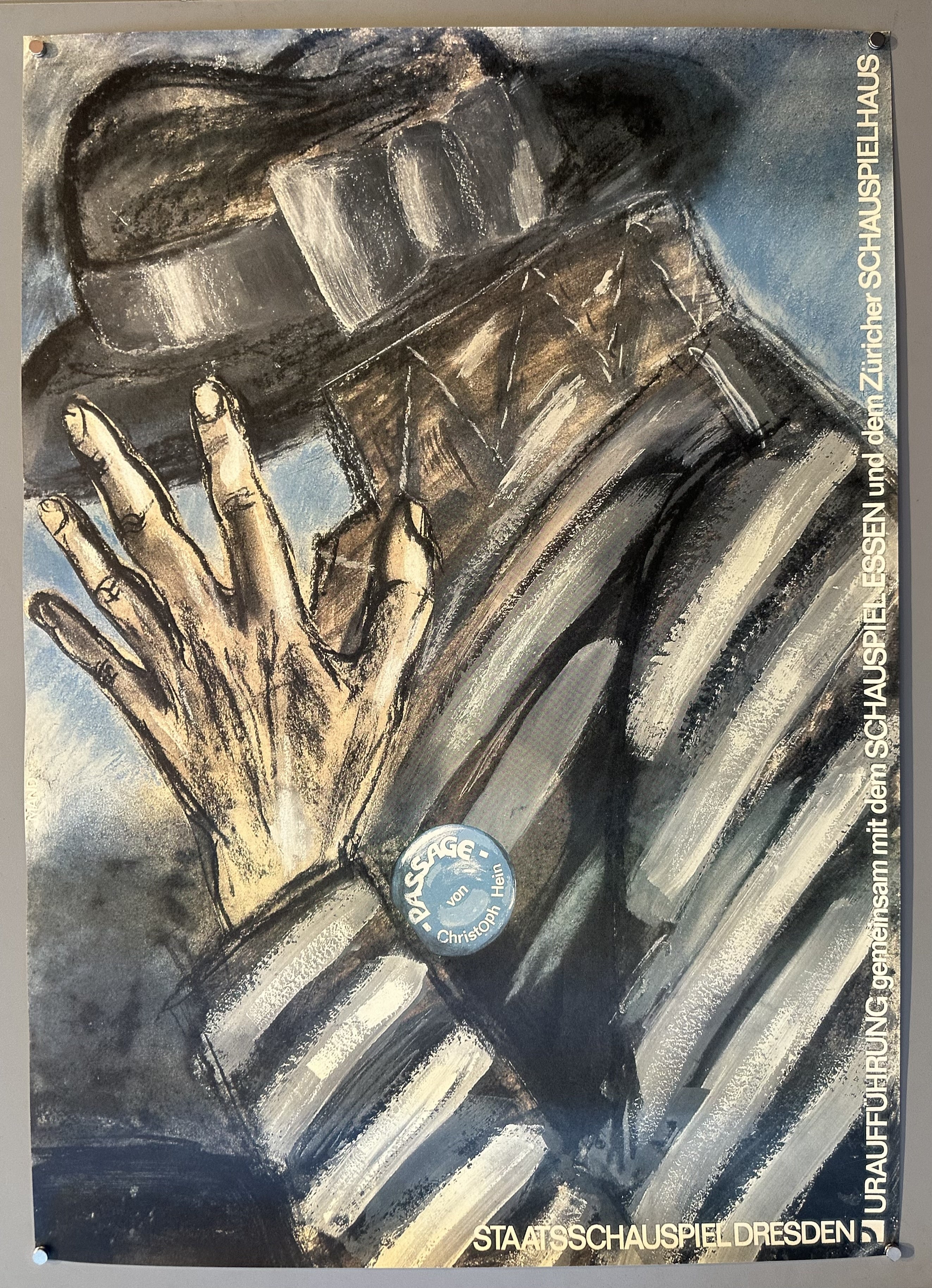 Charcoal style drawing of a man with a hand to his face to promote Christoph Hein's play 'Passage'.