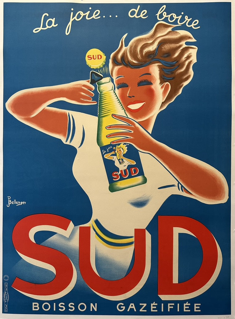 "SUD Boisson Gazéifiée" (SUD Carbonated Drink) by Bellenger, featuring a smiling woman in a white dress enthusiastically opening a bottle of the yellow-colored drink