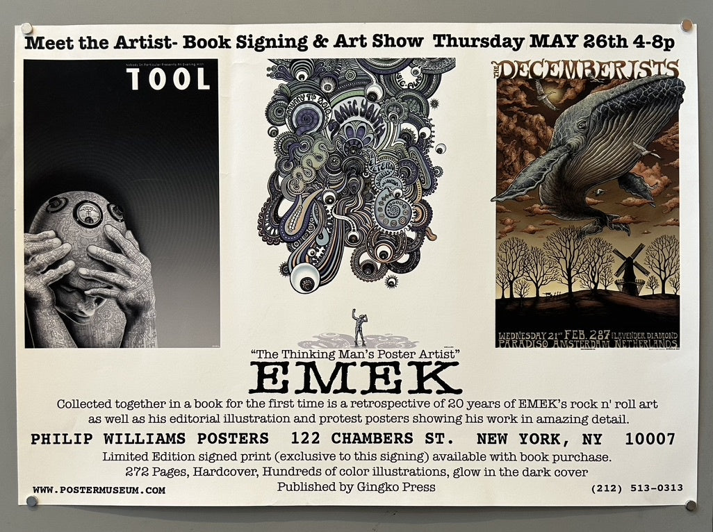 The poster advertises a book signing and art show for EMEK, "The Thinking Man's Poster Artist," and states that the book is a "retrospective of 20 years of EMEK's rock n' roll art".