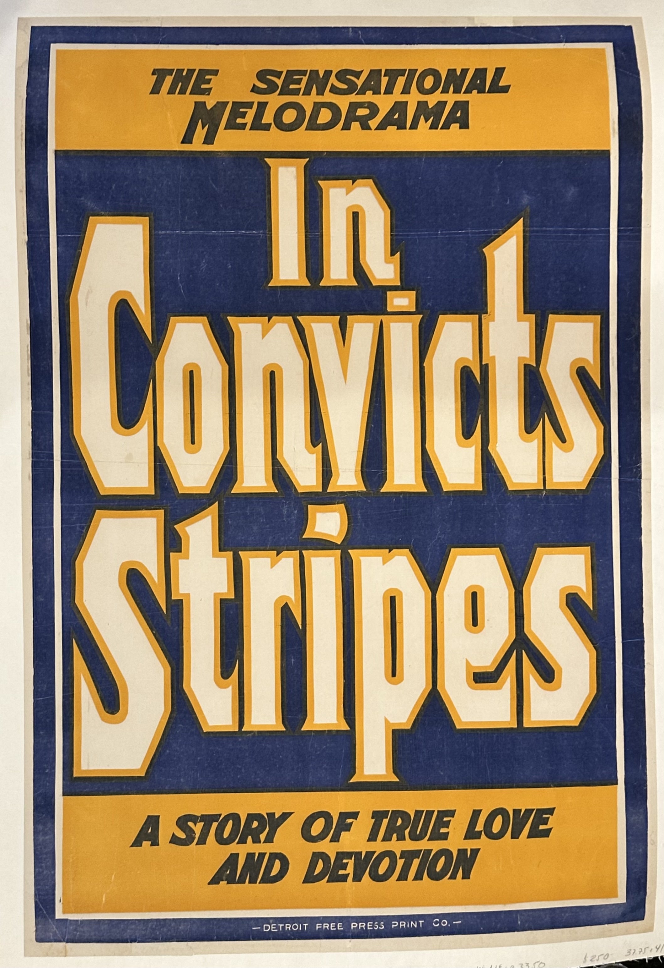 The poster features bold graphics with large, impactful lettering in white and yellow against a dark blue background, typical of early 20th-century theatrical advertisements.