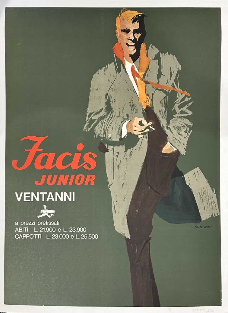 This is an original vintage Italian advertising poster for Facis, a men's fashion company, specifically promoting their "Cortina" and "Gardena" lines.