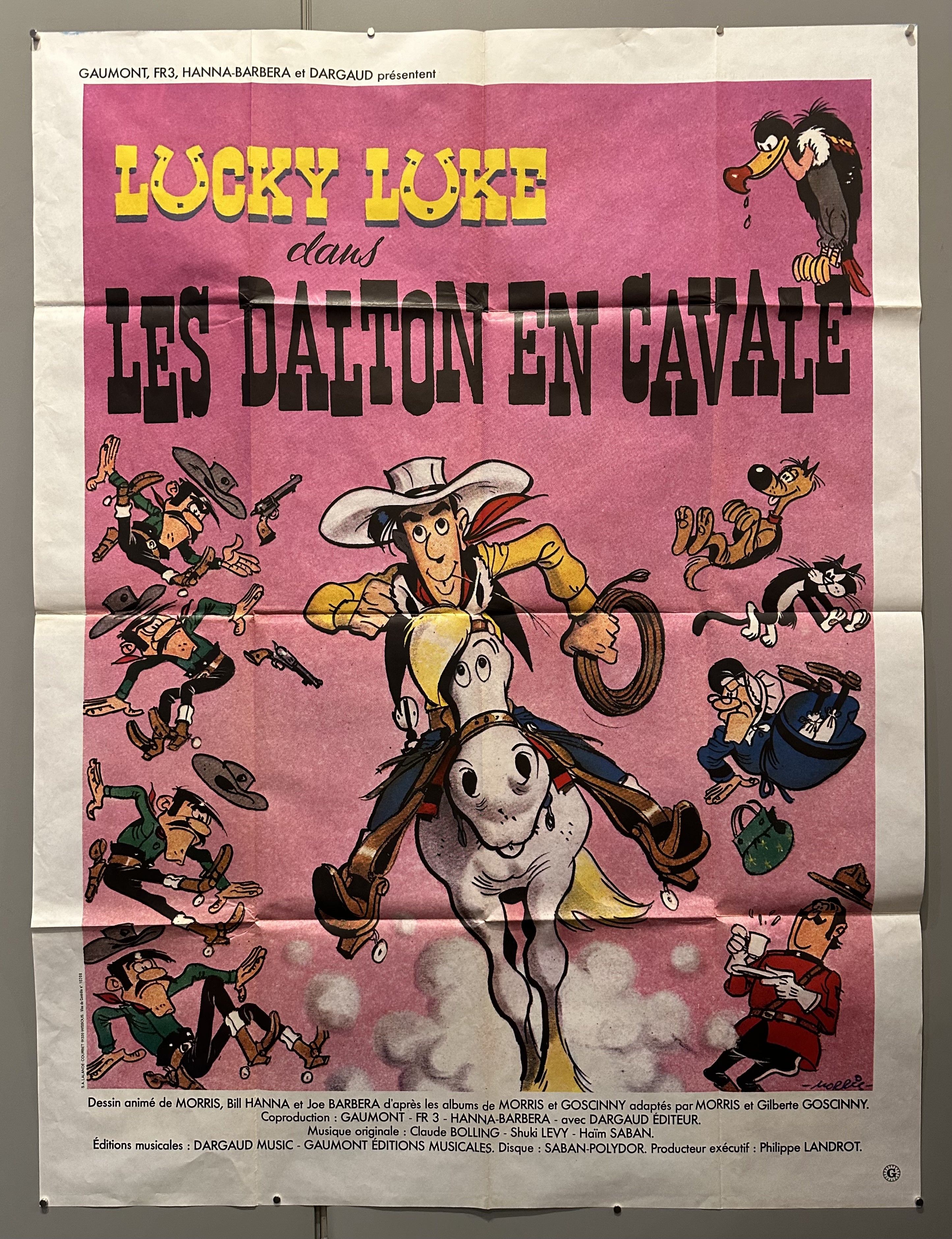 Cartoon character rides on a horse on vintage pink movie poster.