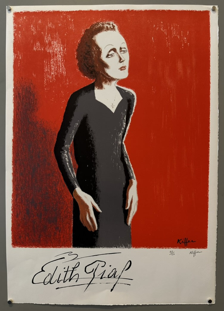 This poster is a vintage lithograph featuring the famous French singer Édith Piaf, created by the artist Charles Kiffer.