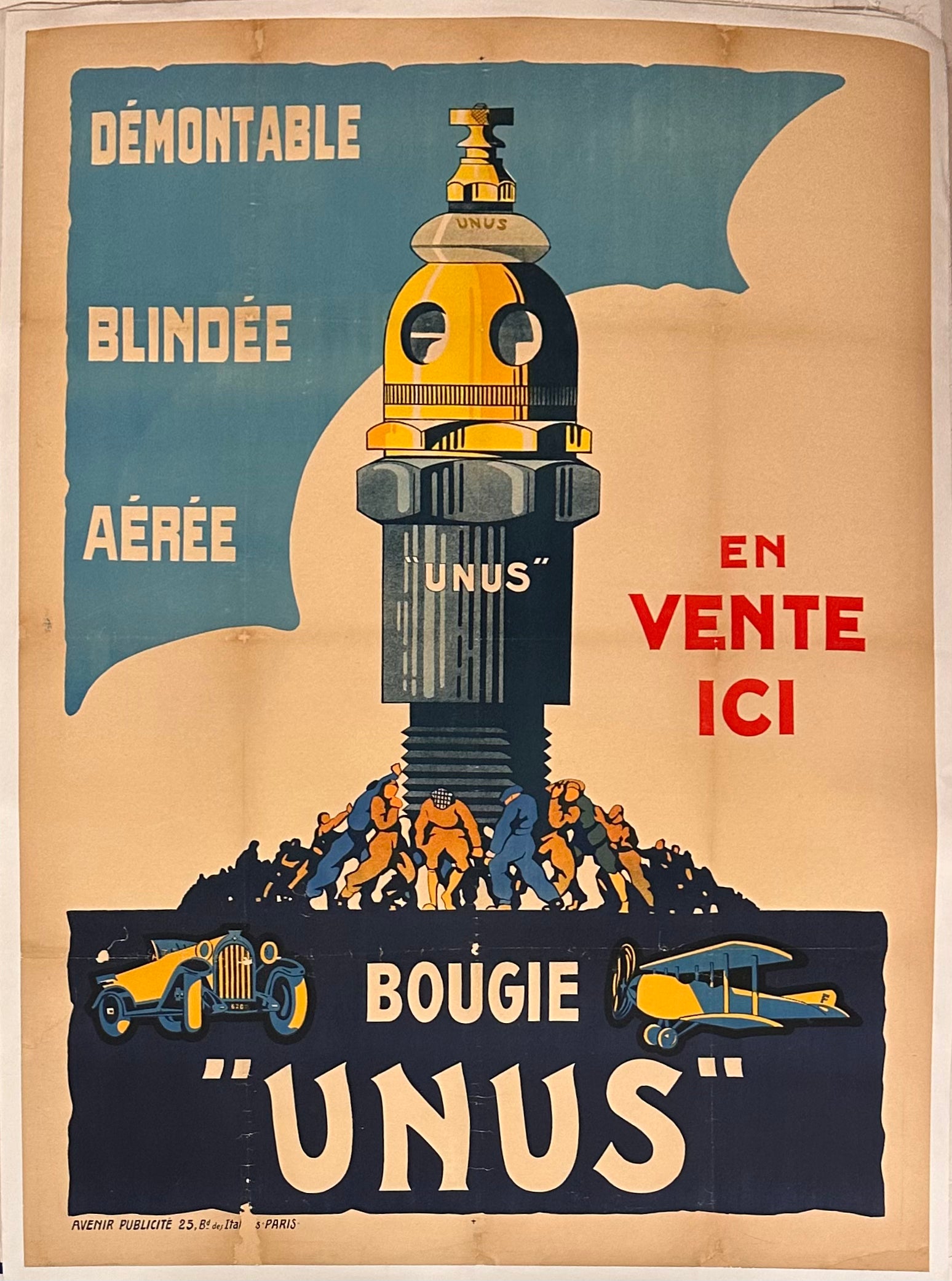 The text reads "Bougie 'UNUS' démontable blindée aérée en vente ici" which translates to "Detachable, armored, and aerated 'UNUS' candles for sale here".