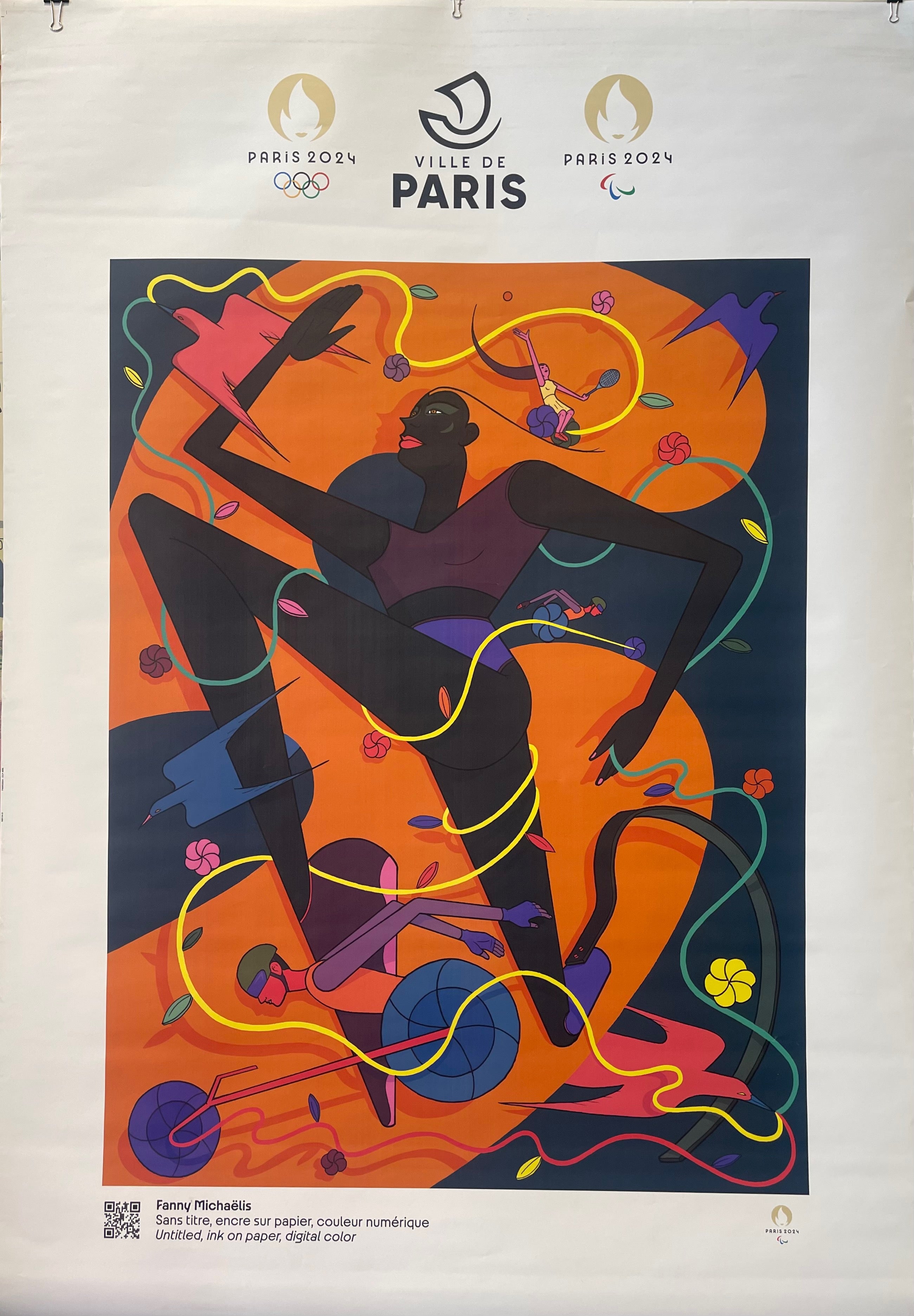 70x47 french 2024 olympics cultural olympiad poster featuring illustration of paralympic runners with prosthetic leg and wheelchairs