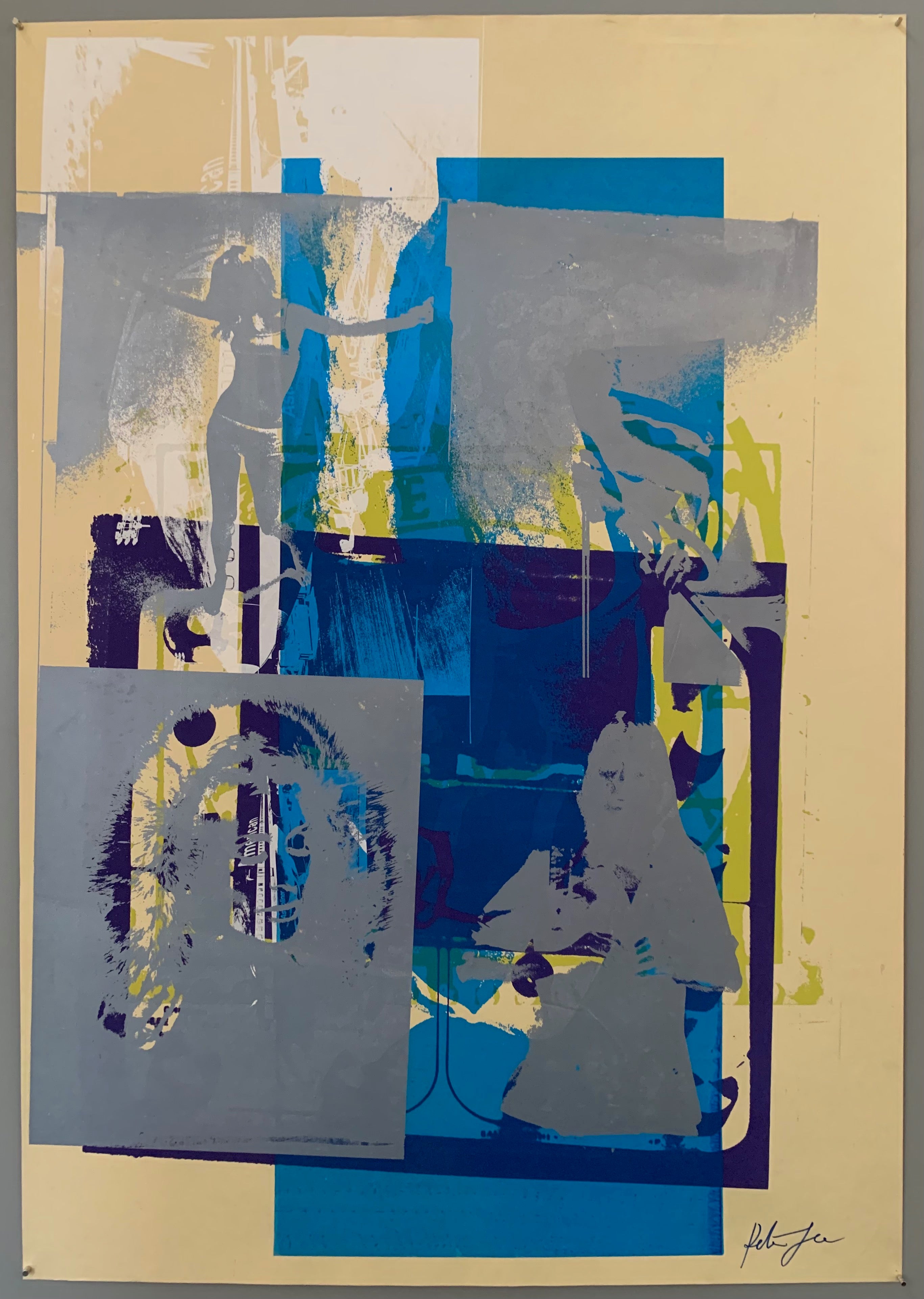 A mix of pop art-style images lay over each other in many neon colors.