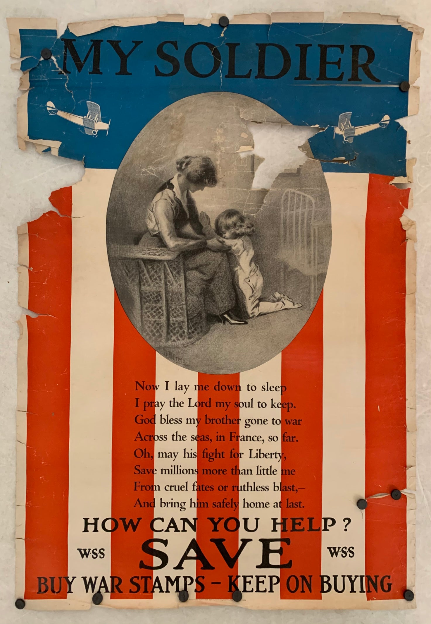 A poster of a child praying at her mother's feet, overlayed on an American flag