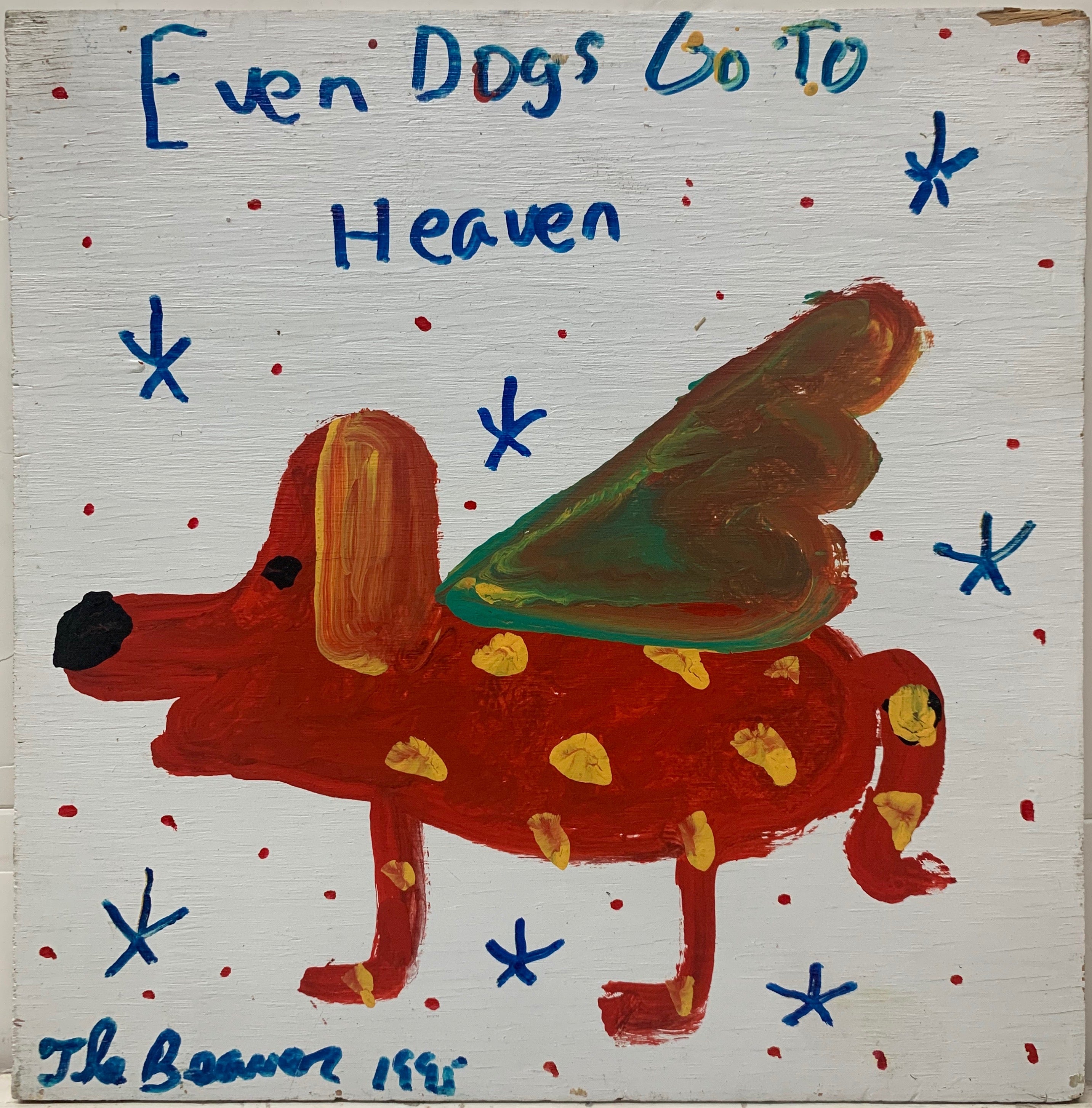 A painting by the Beaver of a red dog with green wings and yellow polka-dots flying in a sky with blue stars.