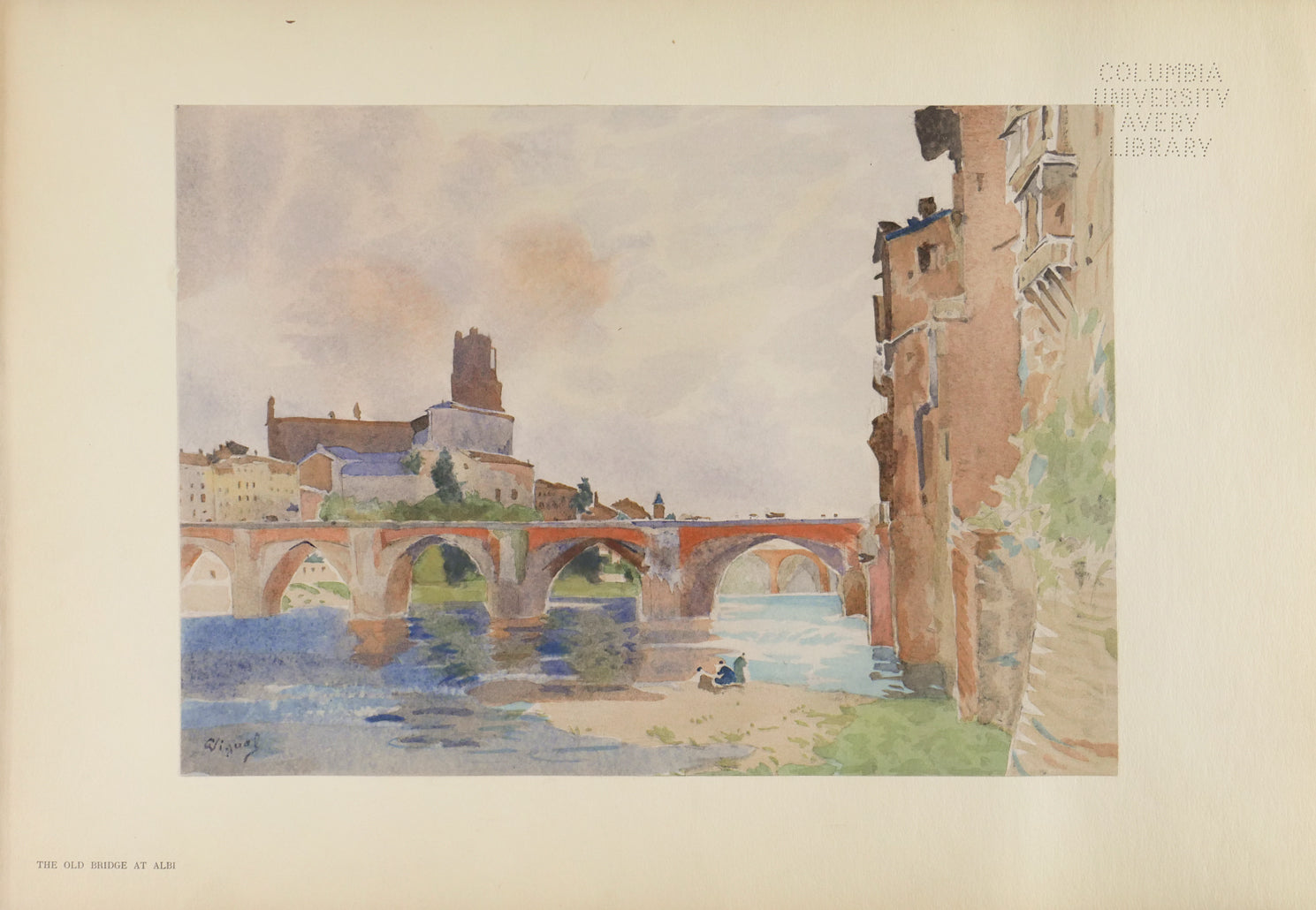 A stone bridge with several arches is over a river, with a riverbank filled with plants alongside it, and a faroff city in the back. Print of a watercolor.
