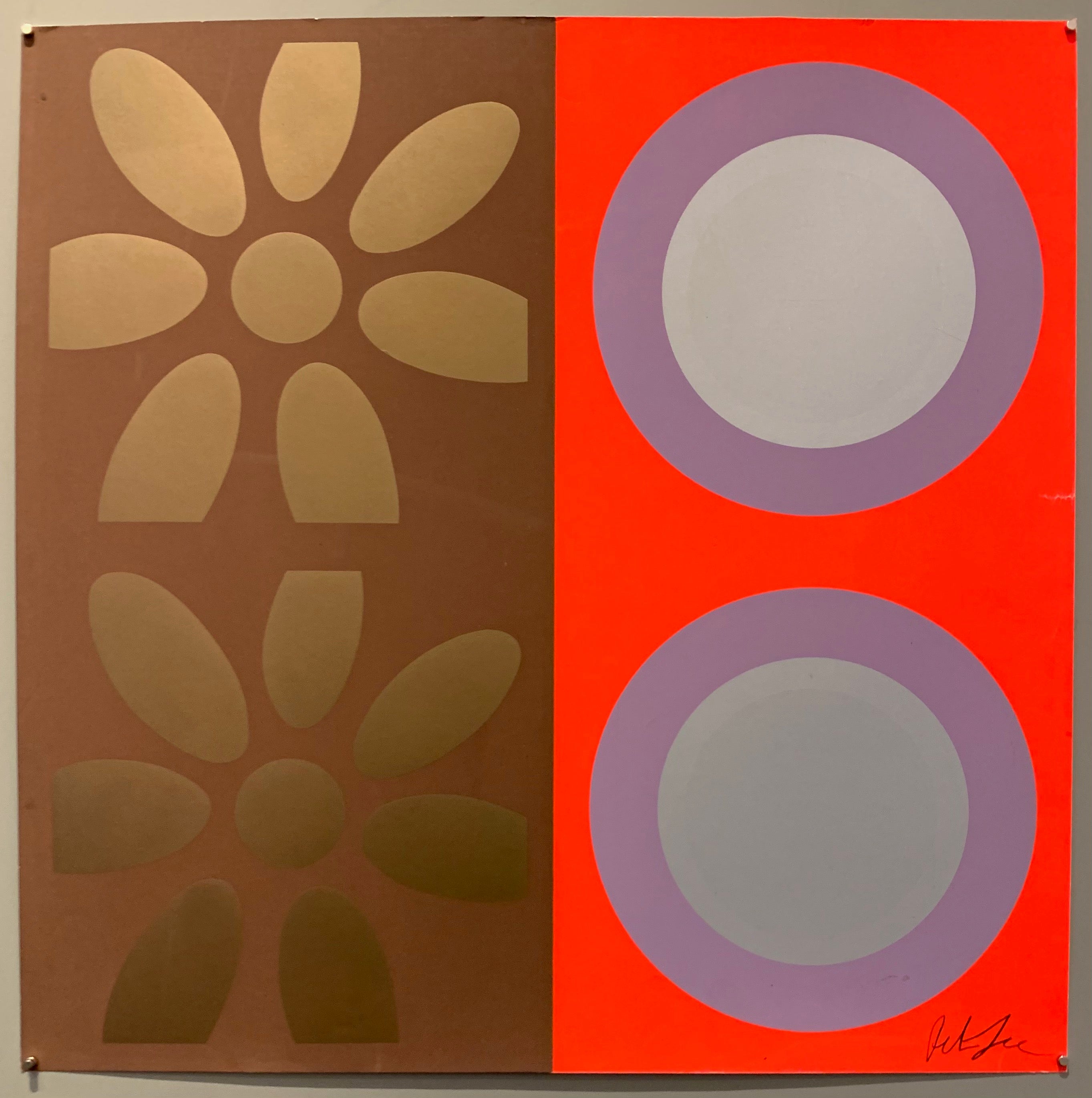 A square of four large motifs on paper. The colors are brown with gold flowers, the other is neon orange with purple and silver targets.