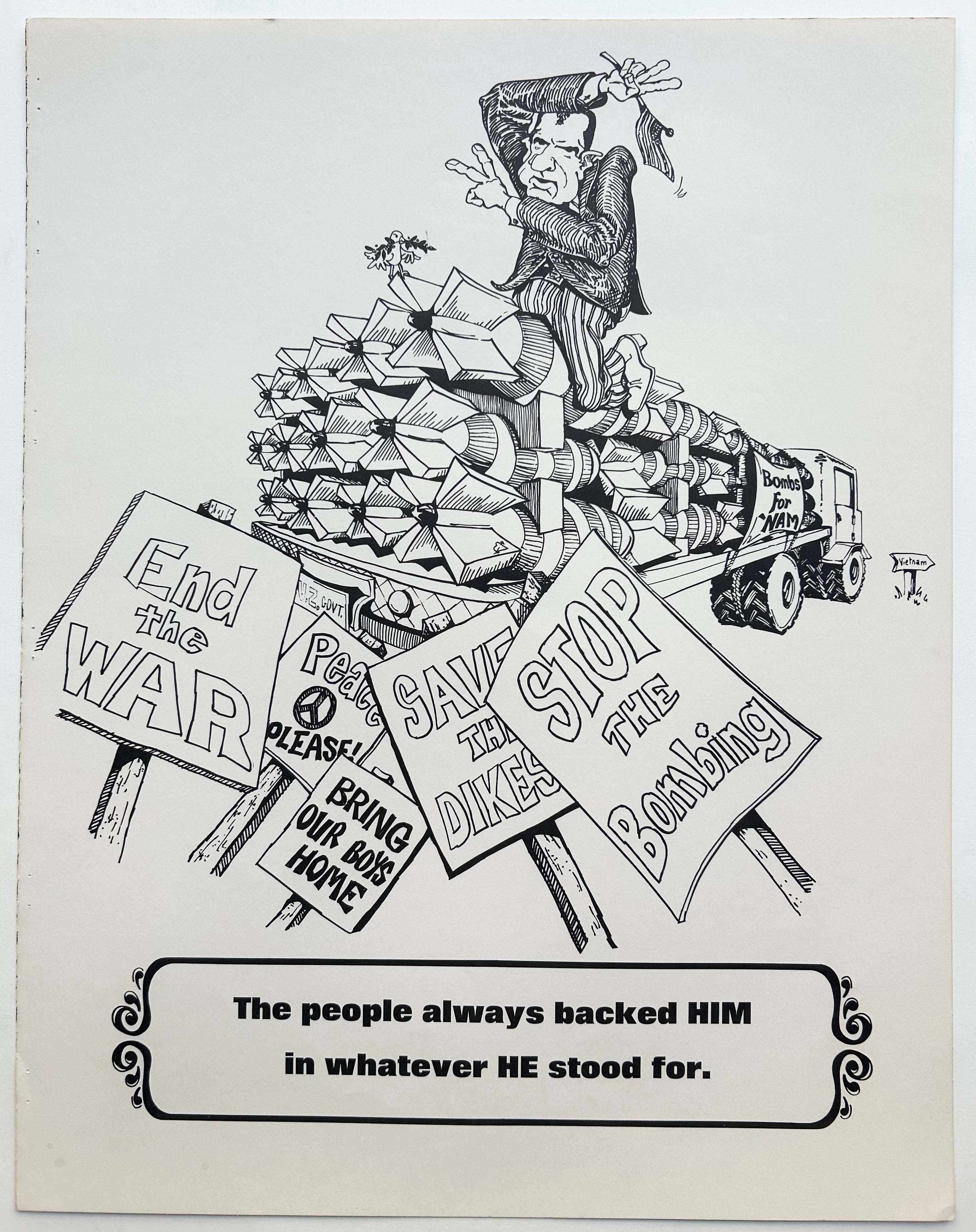 White background with sketch of Nixon in black, and the text on the bottom of the page in a swirl motif. Him is capitalized.