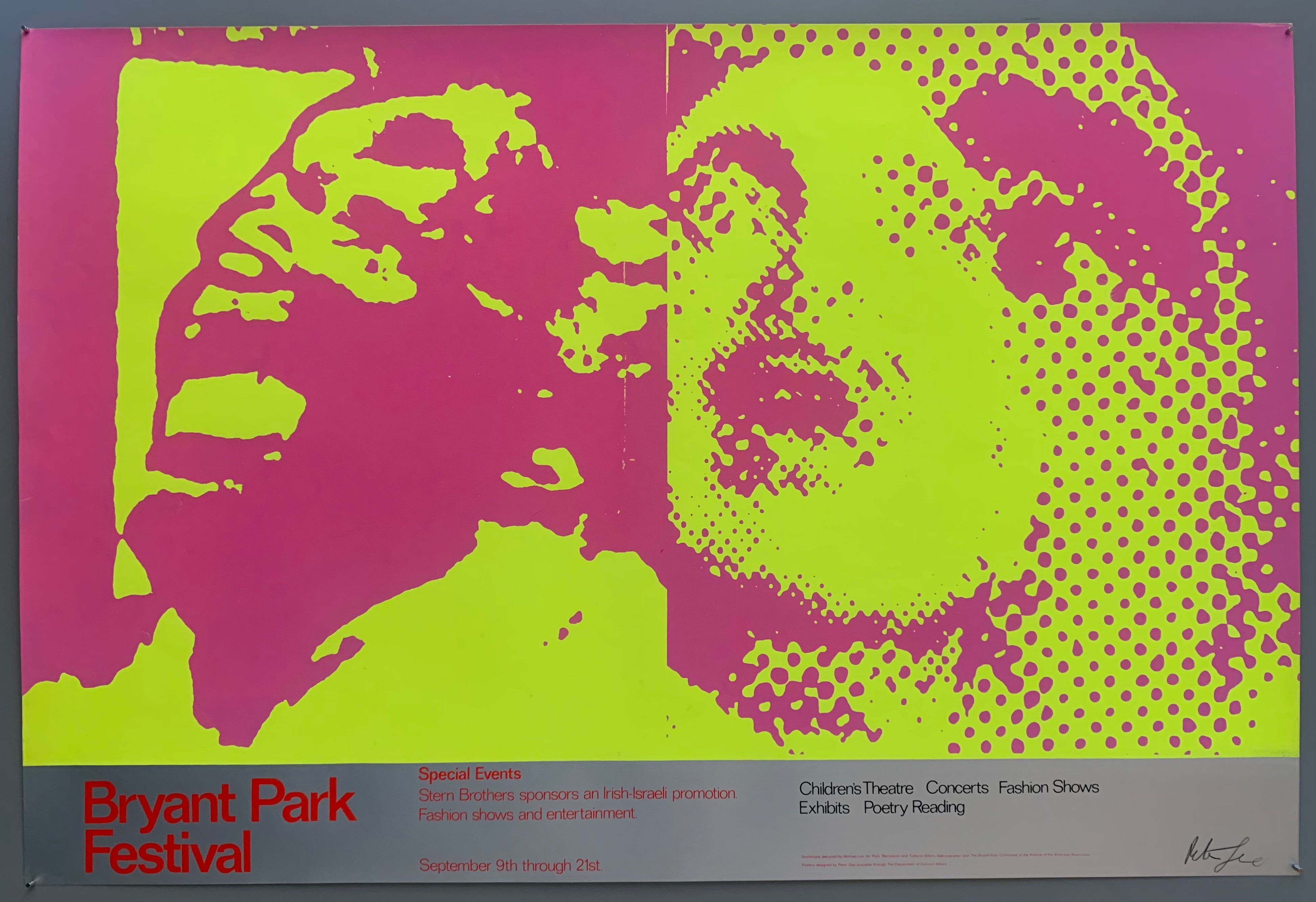 A man and a woman are shown with dramatic expressions, the highlights and shadows colored in a distinctly pop art style. The colors used are a neon green on mauve.