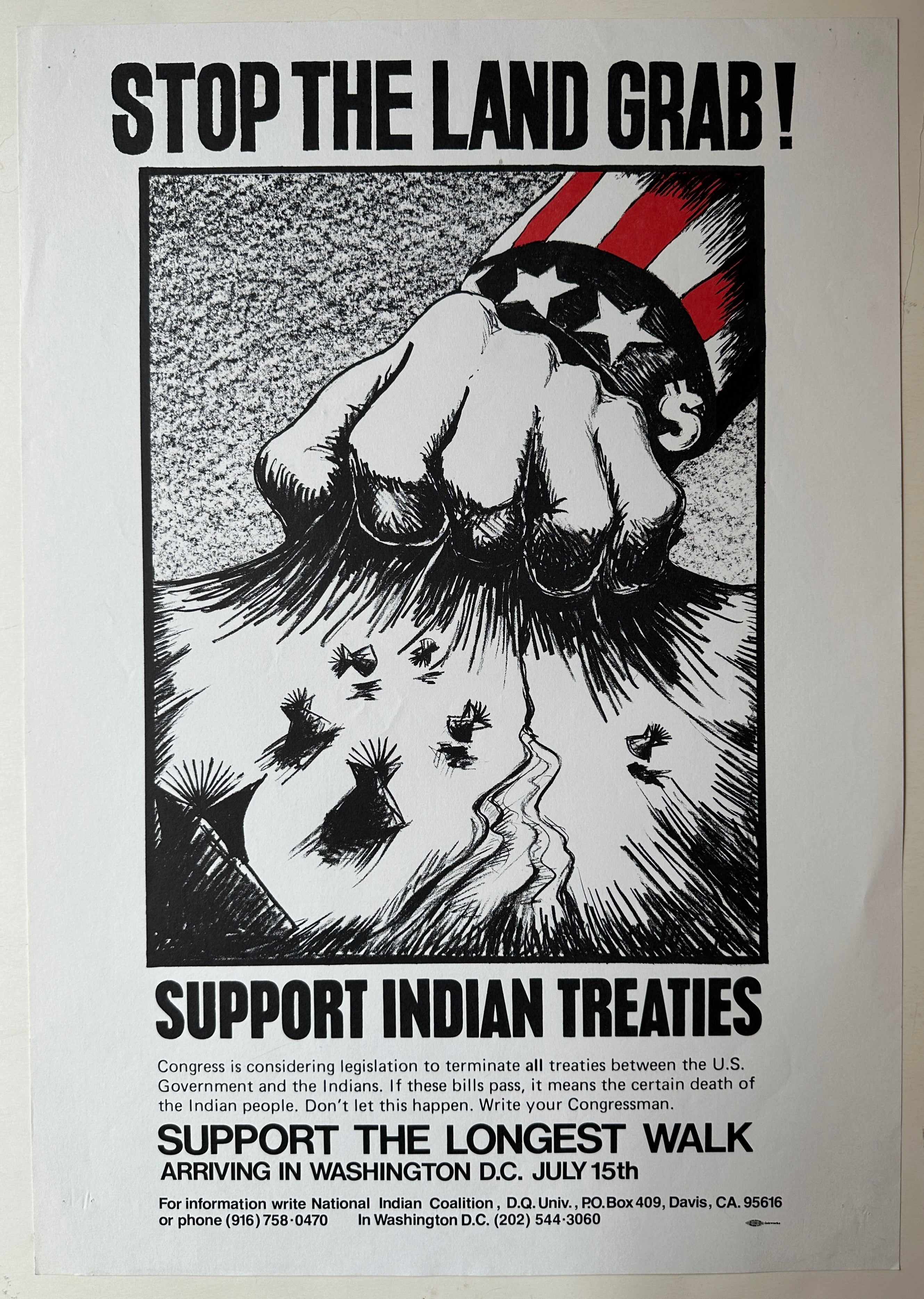 White poster with black text surrounding a rectangular inset of Uncle Sam's hand grabbing a white area of land with tipis (conical tents).