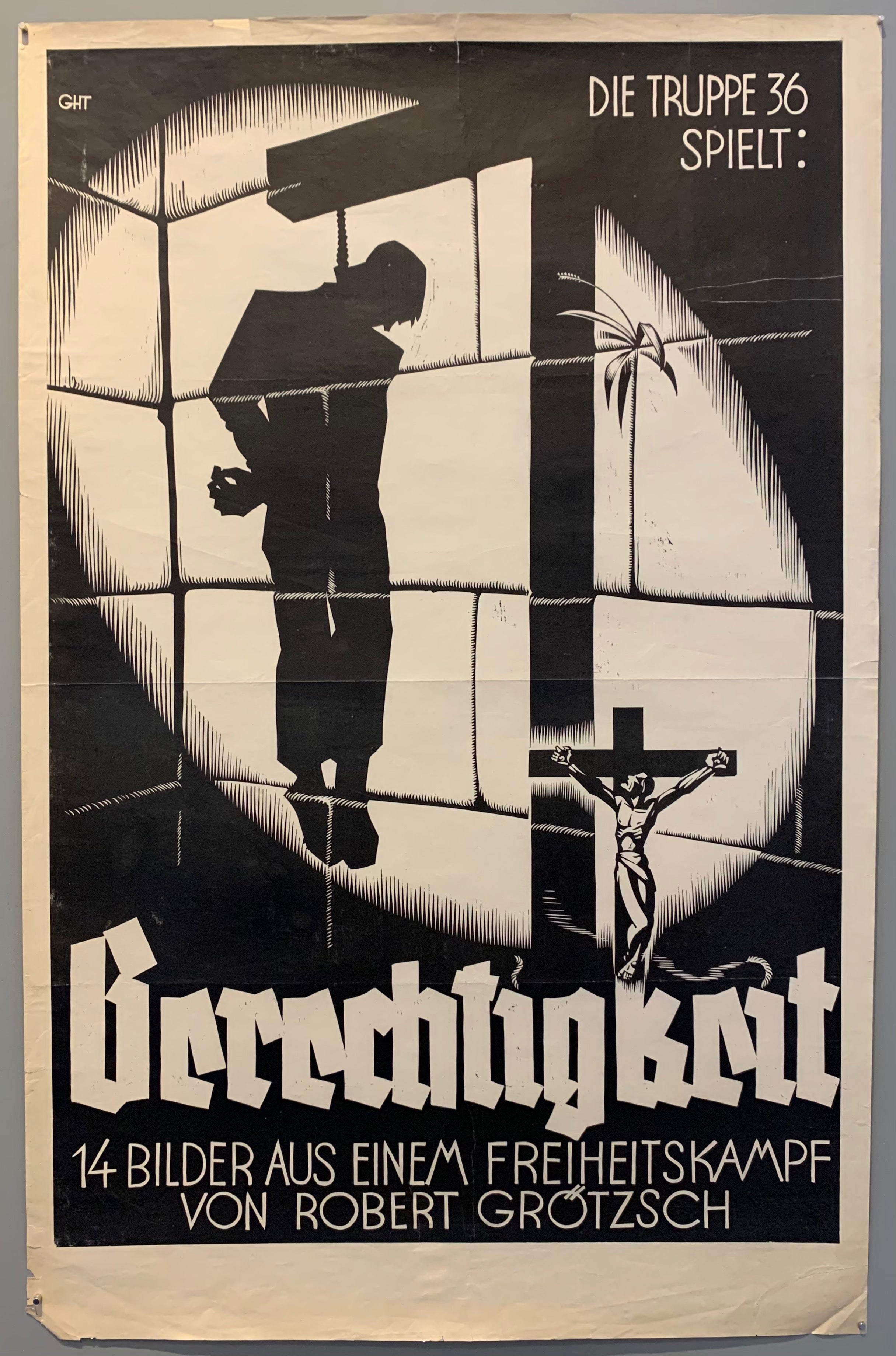 Poster is in black and white and shows a graphic of Jesus on a cross looking up at a projected shadow of a hung man.
