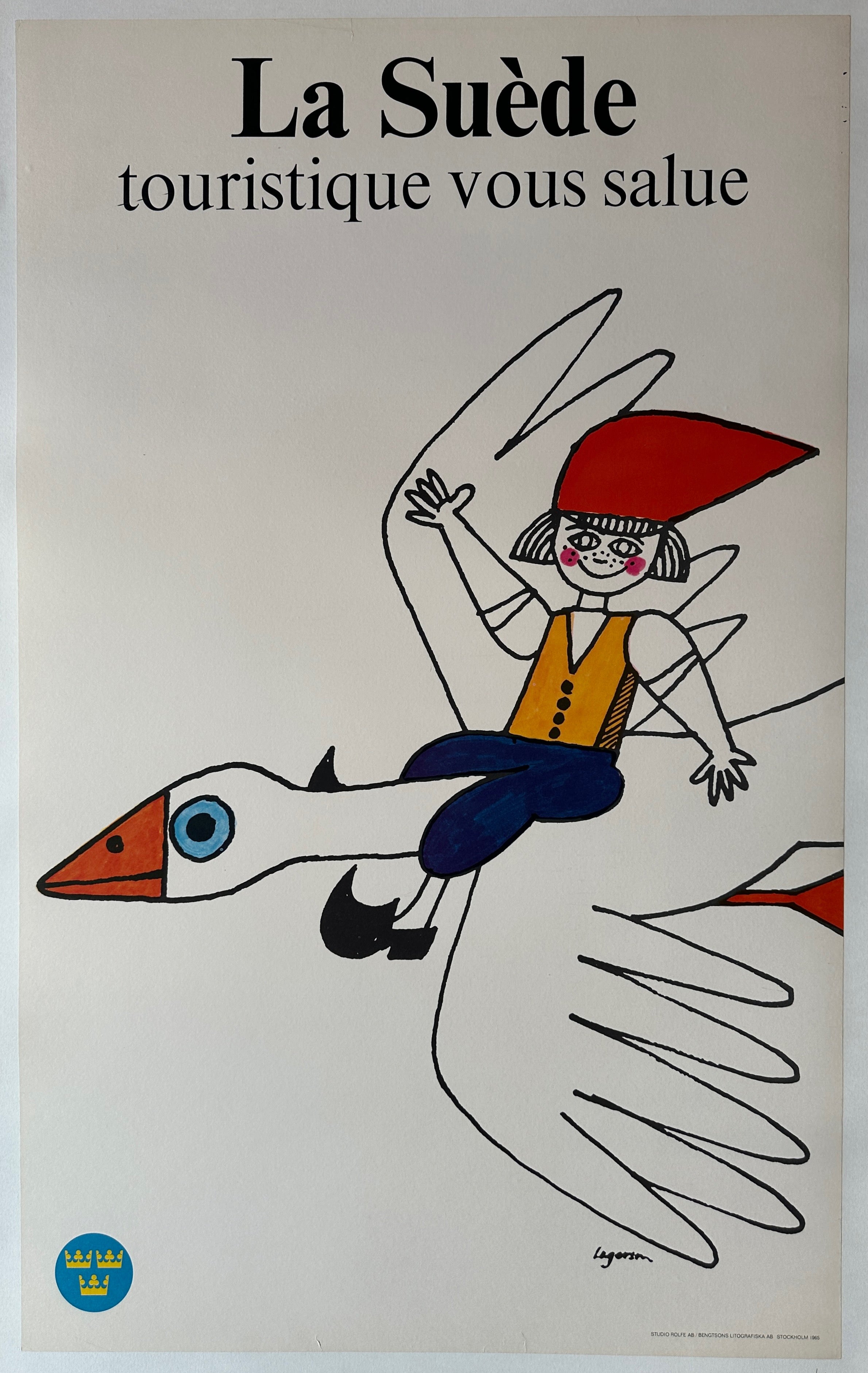 25x40 linen backed poster in French advertising travel to Sweden featuring an illustration of a girl flying on the back of a duck