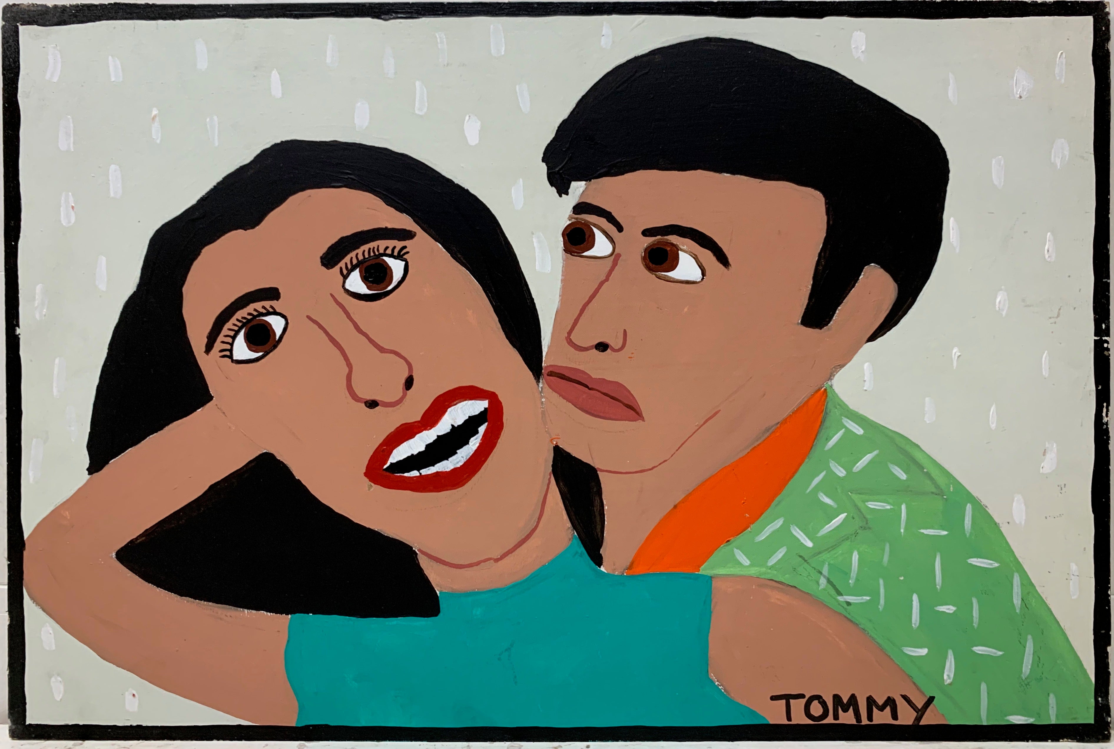 A Tommy Cheng portrait of Elvis Presley in a green suit and his girlfriend in a light blue turtleneck.