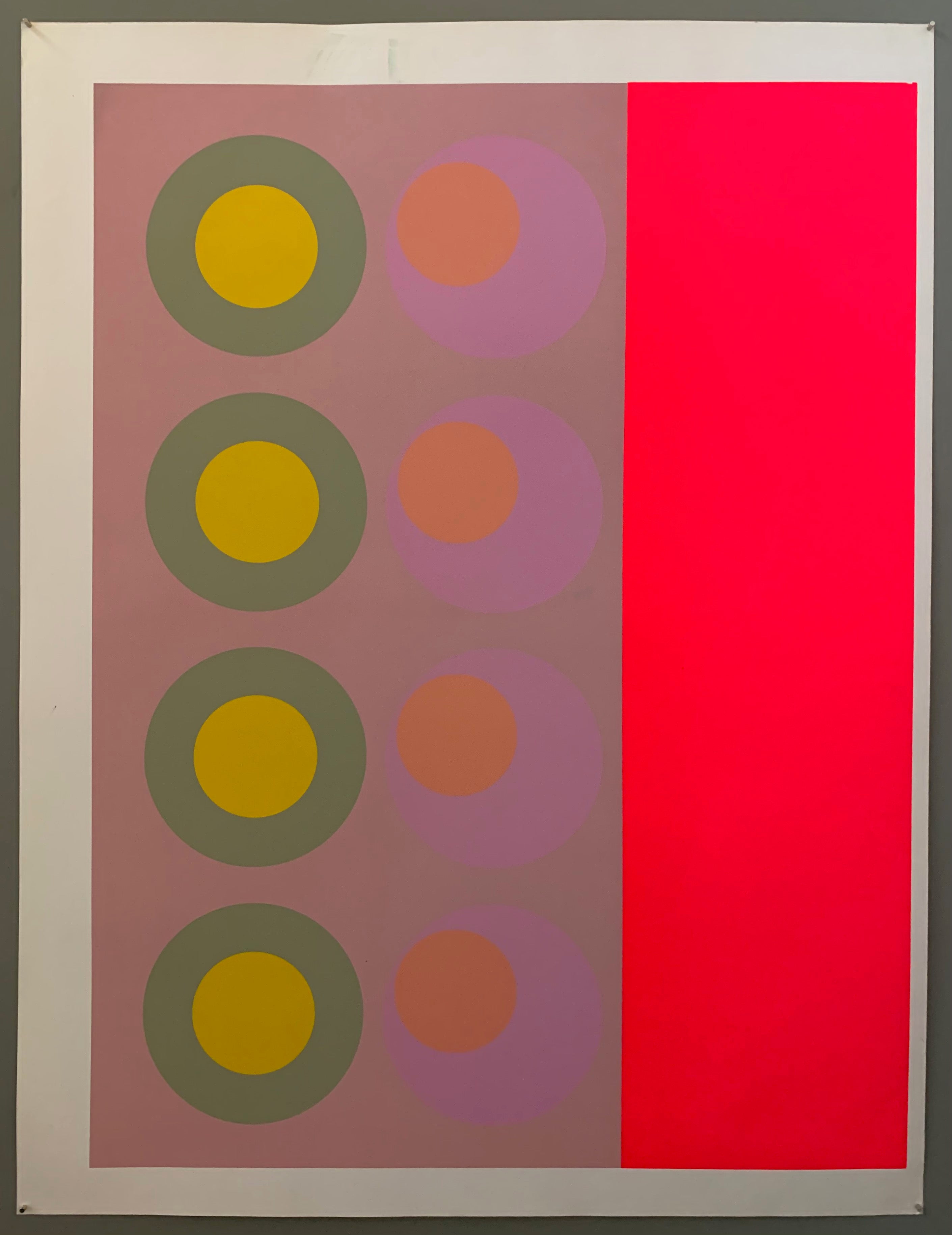 three panels: on the left, a mauve panel with seafoam green and yellow targets. In the middle, a mauve panel with off-centered lilac and rose colored panels. And finally, on the right, a blank neon pink panel.