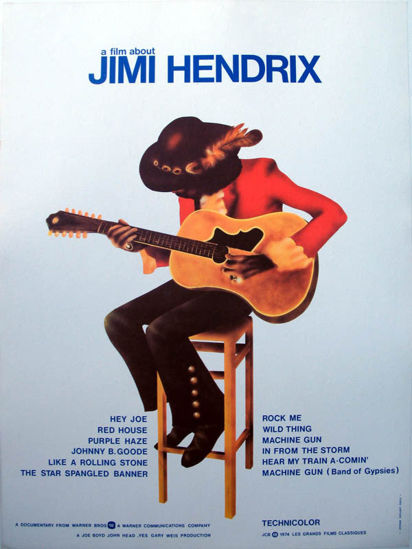 white background. man in red jacket and black pants and big black hat plays tan guitar
