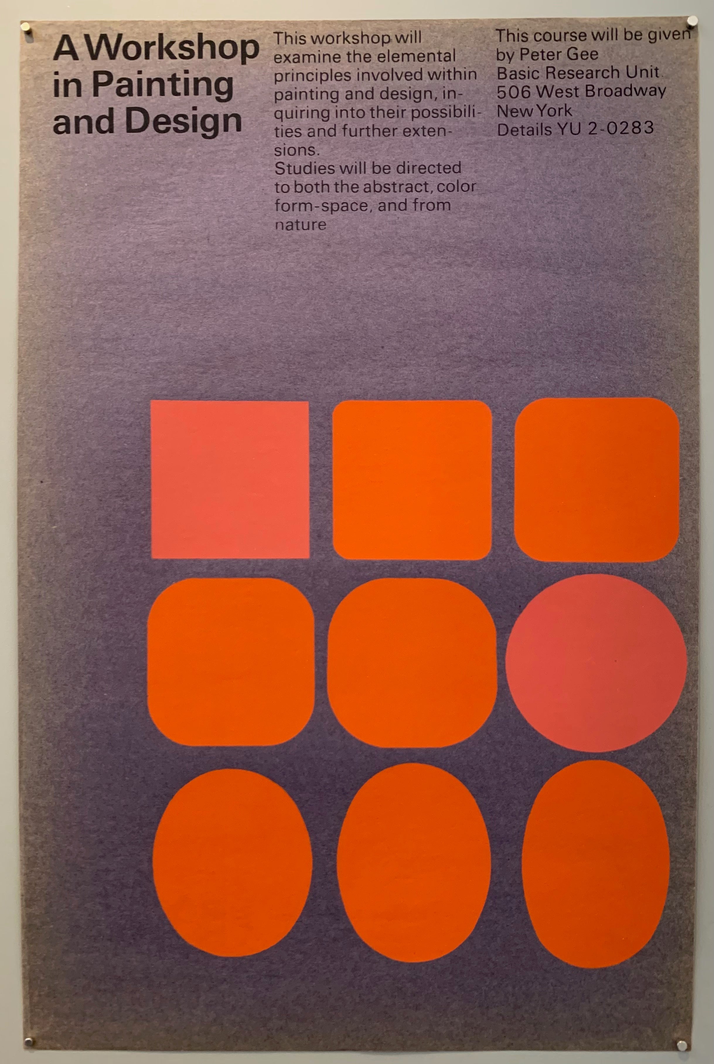 Purple poster with orange squares, circles, ovals, and circular squares