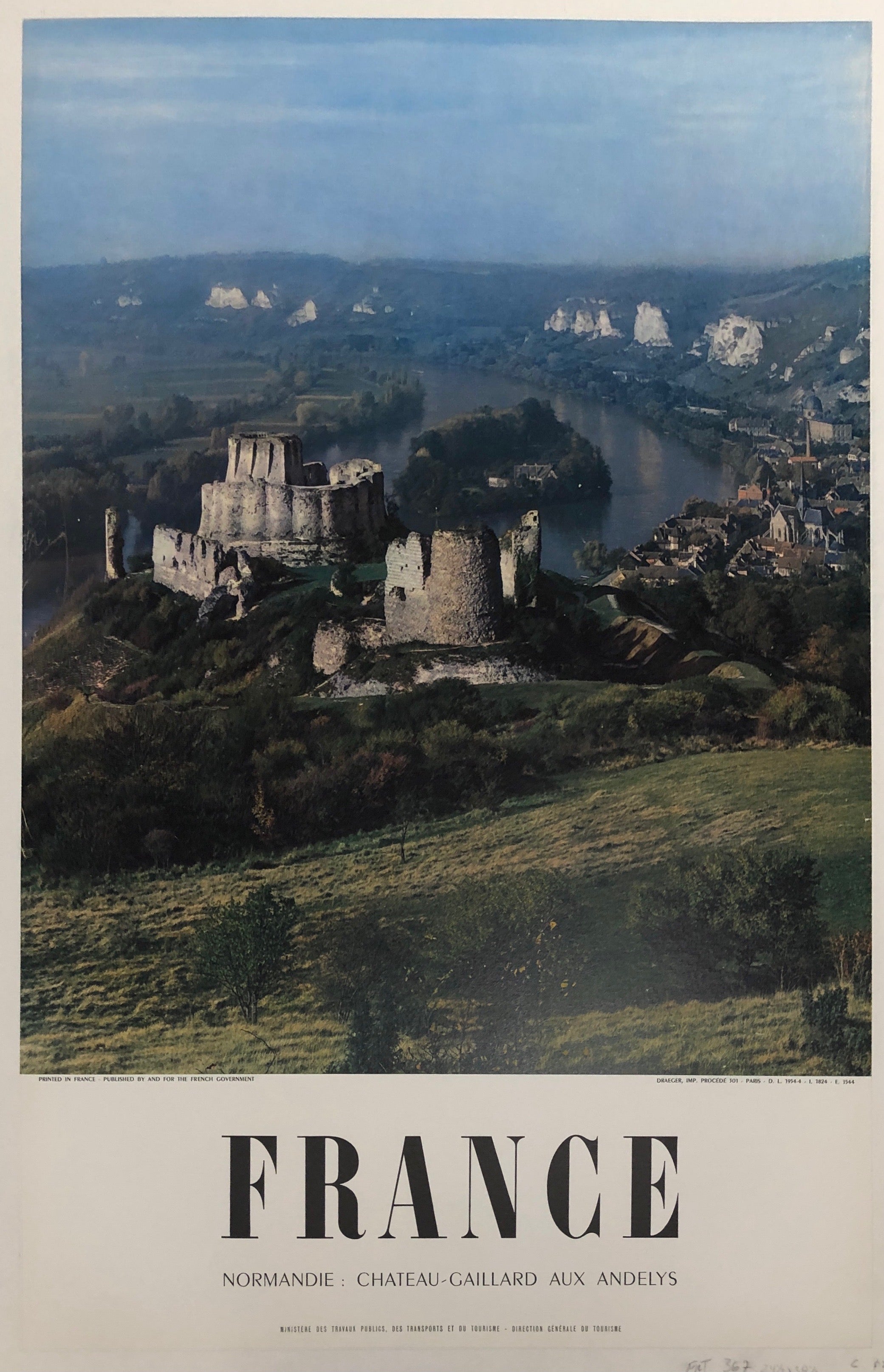 Poster featuring a photograph of Chateau Gaillard overlooking a village in Andelys