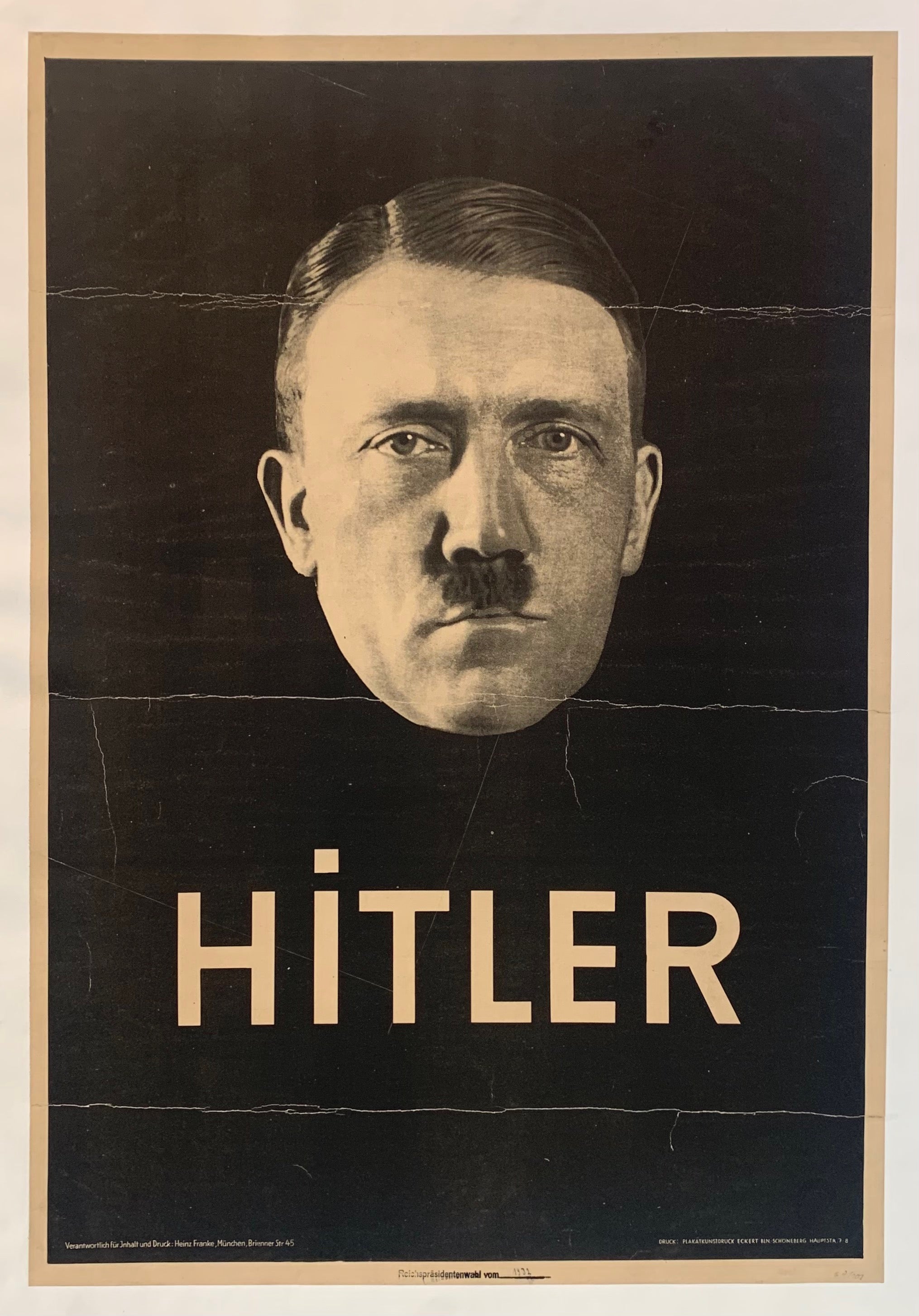 Poster for the Reichspräsidentenwahl, (Reich presidential election) approved by Hitler, this jarring poster stares directly into your eyes, encouraging you to vote for Hitler in the election of 1932. Poster shows a cutout of hitler's face over a black background.
