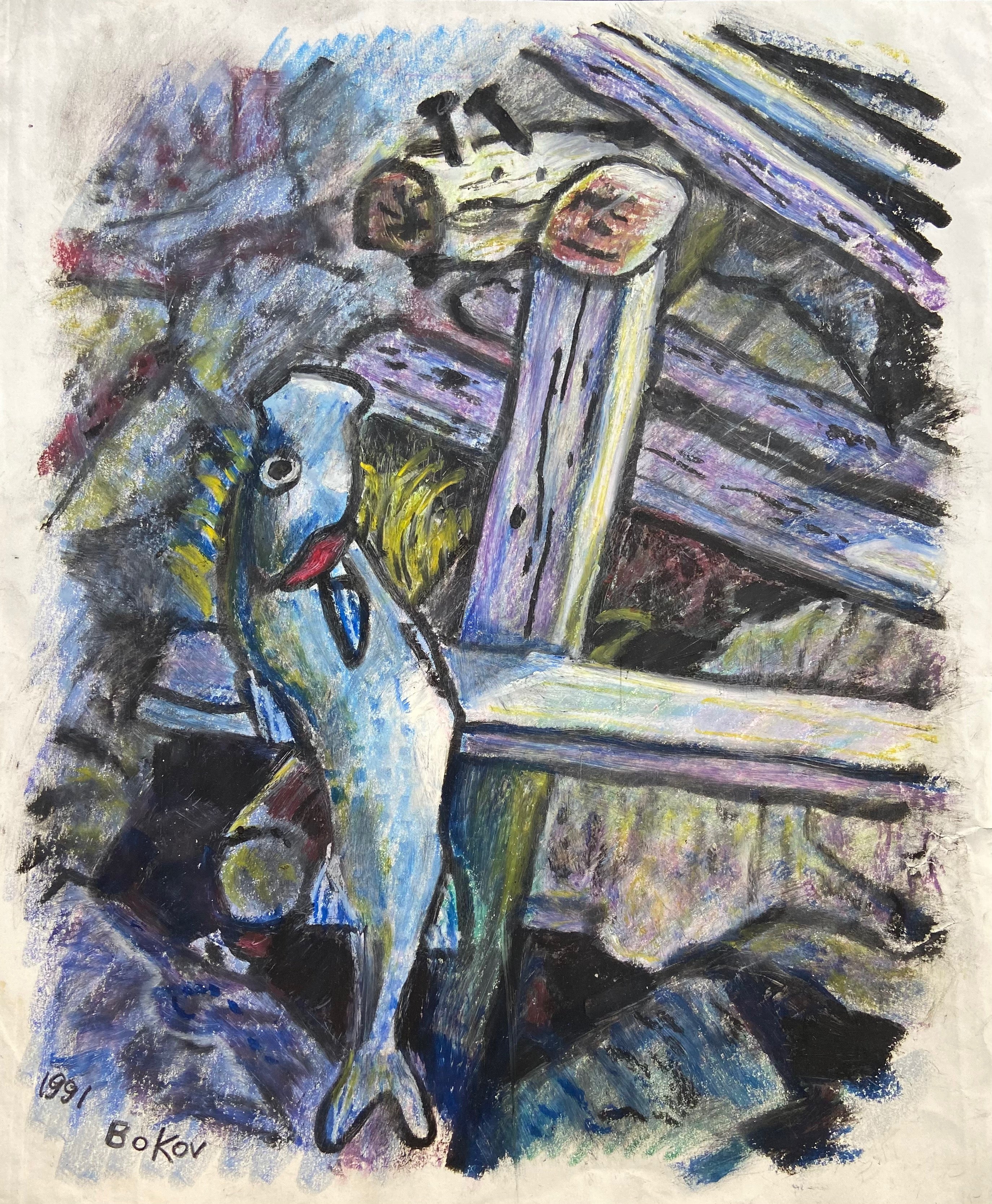 oil stick drawing of a boat