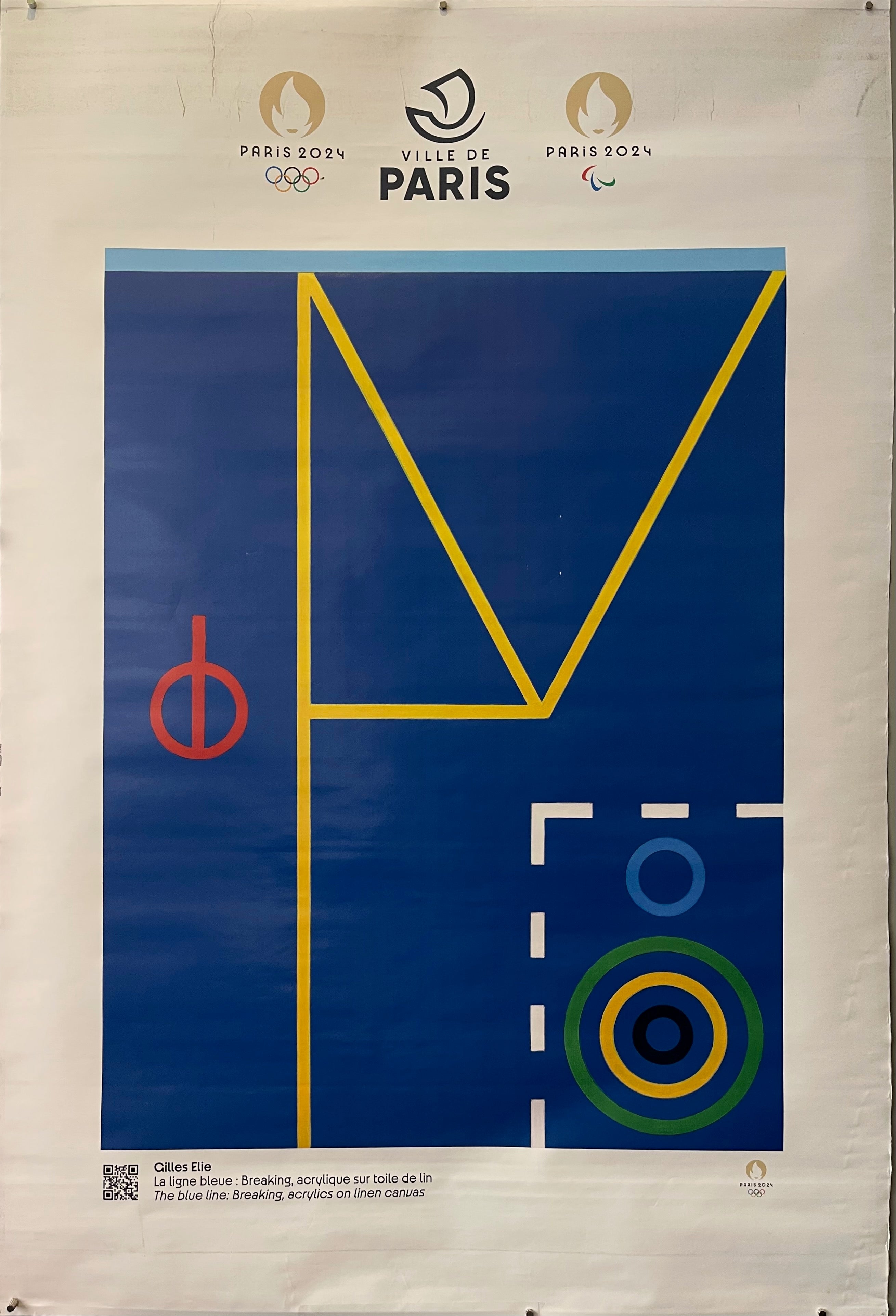 70x47 french 2024 olympics cultural olympiad poster featuring abstract acrylic painting of olympic breakdancing against blue background