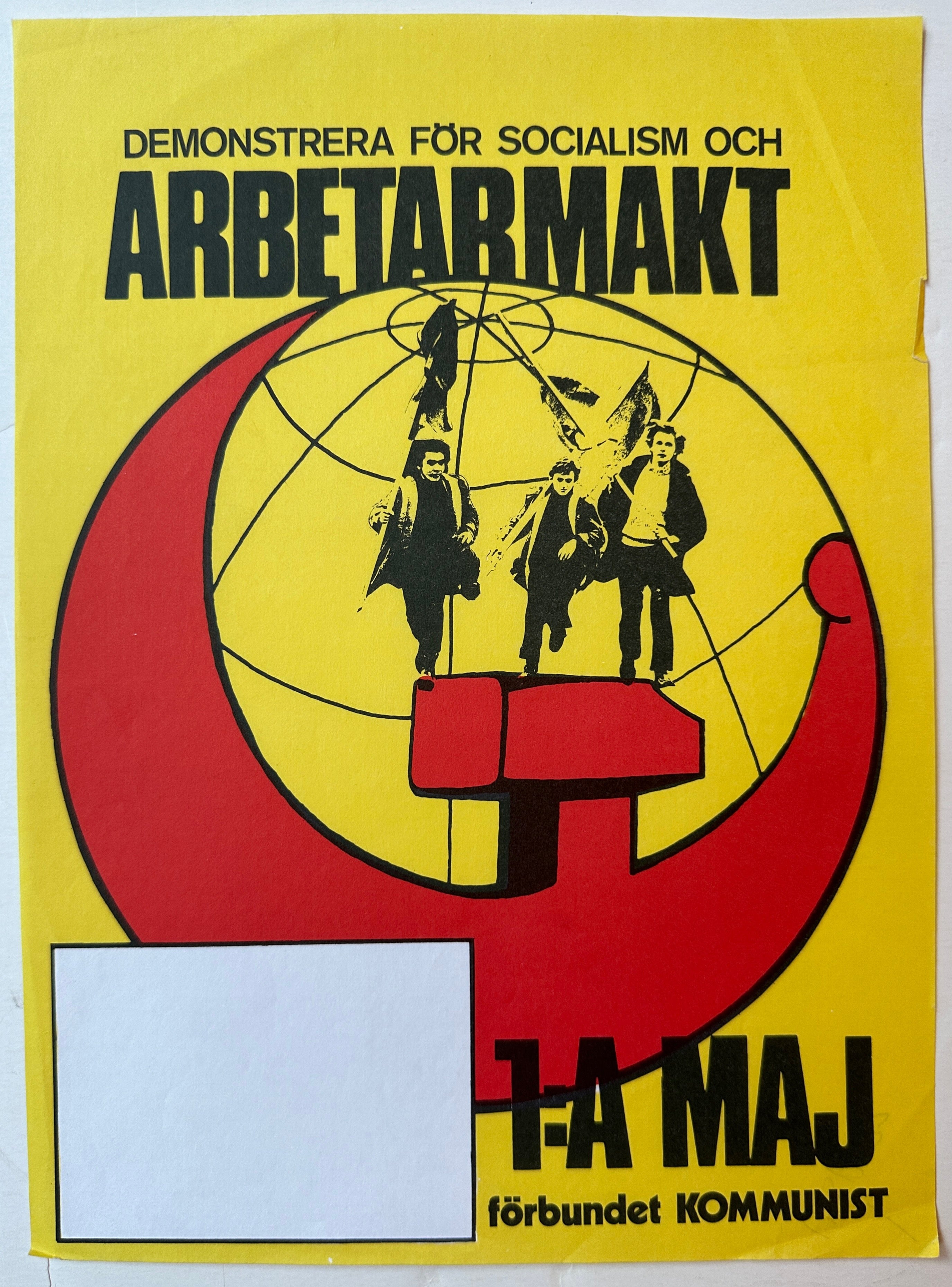 11x8 1960 swedish poster for socialist worker demonstration on may day featuring globe and communist symbol with people demonstrating