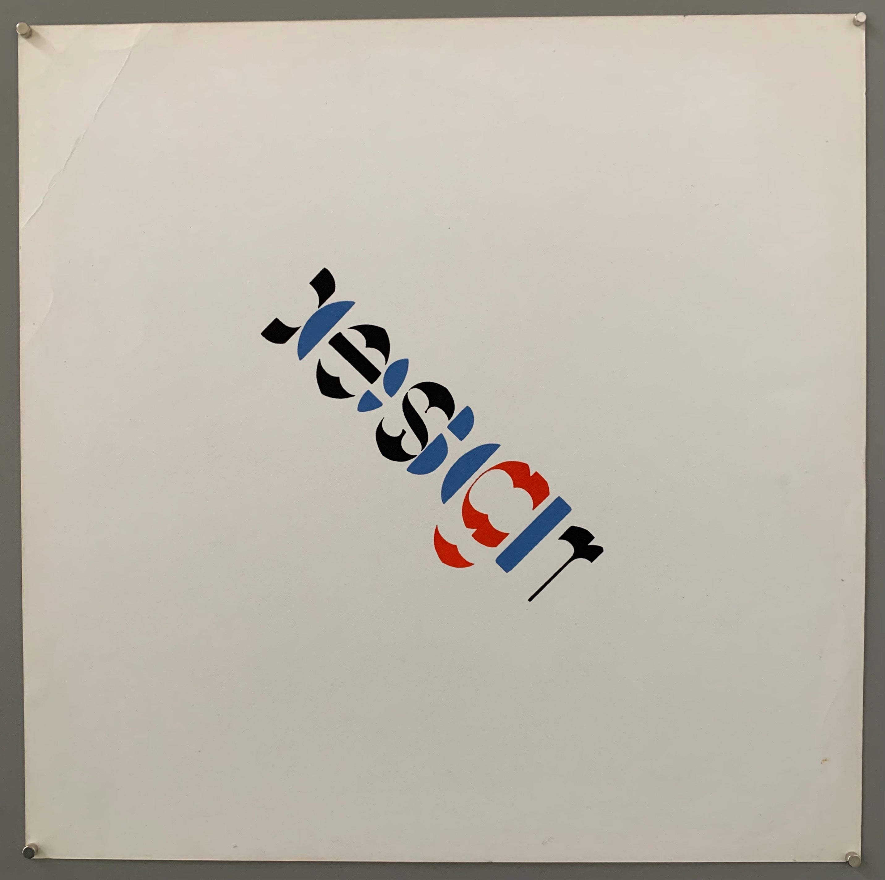 Black, blue, and red logo on a white poster