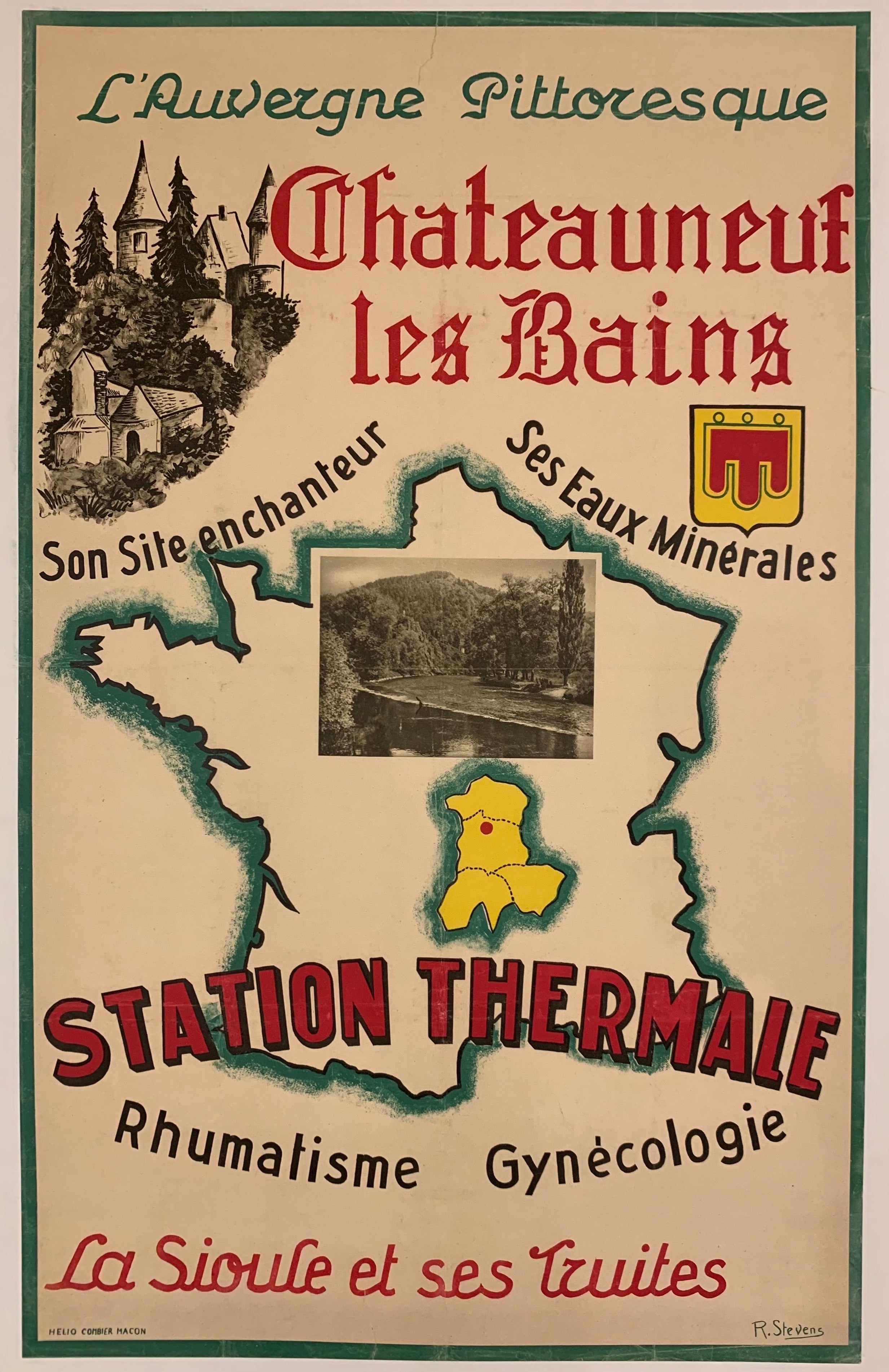 A cream colored background with a hunter-green border. A green-outline of France and then the Auvergne region in yellow, with a red dot showing the specifc commune. The bold print is in red, green, and black. A film picture of the river is in the center and a black-and-white sketch of a town on the side.
