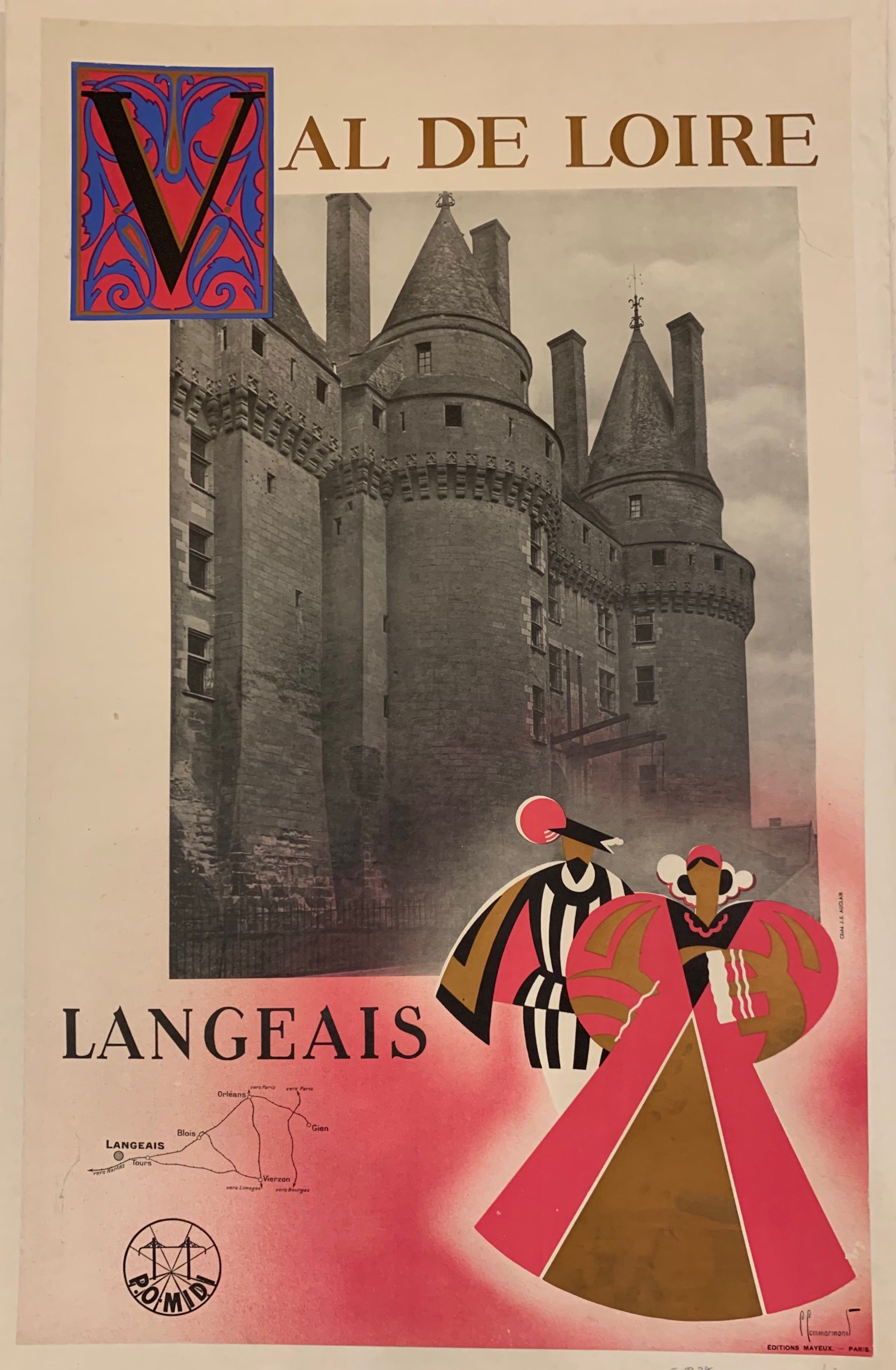 A black-and-white film photograph of a castle is on a white border. Along the border are cartoon outliunes of two people in renaissance clothing, a small map of the railroad line to Langeais, a V in a fancy square, and plain typography. The color scheme is pink, purple, gold, and black.