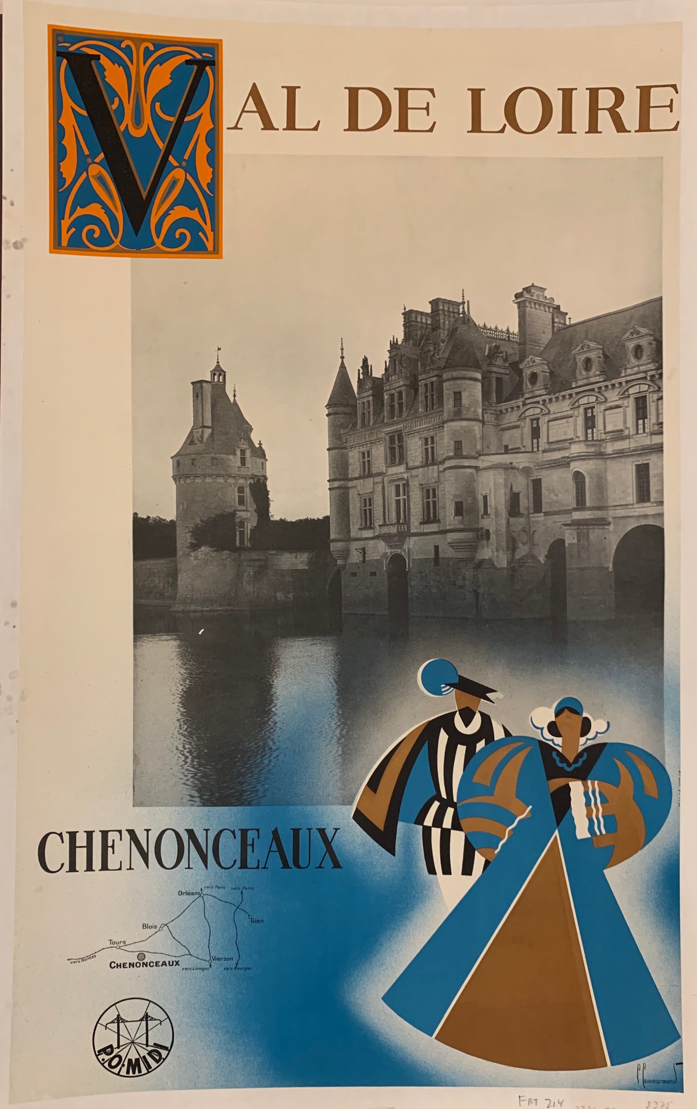 A black-and-white film photograph of a castle is on a white border. Along the border are cartoon outliunes of two people in renaissance clothing, a small map of the railroad line to Langeais, a V in a fancy square, and plain typography. The color scheme is pink, purple, gold, and black.