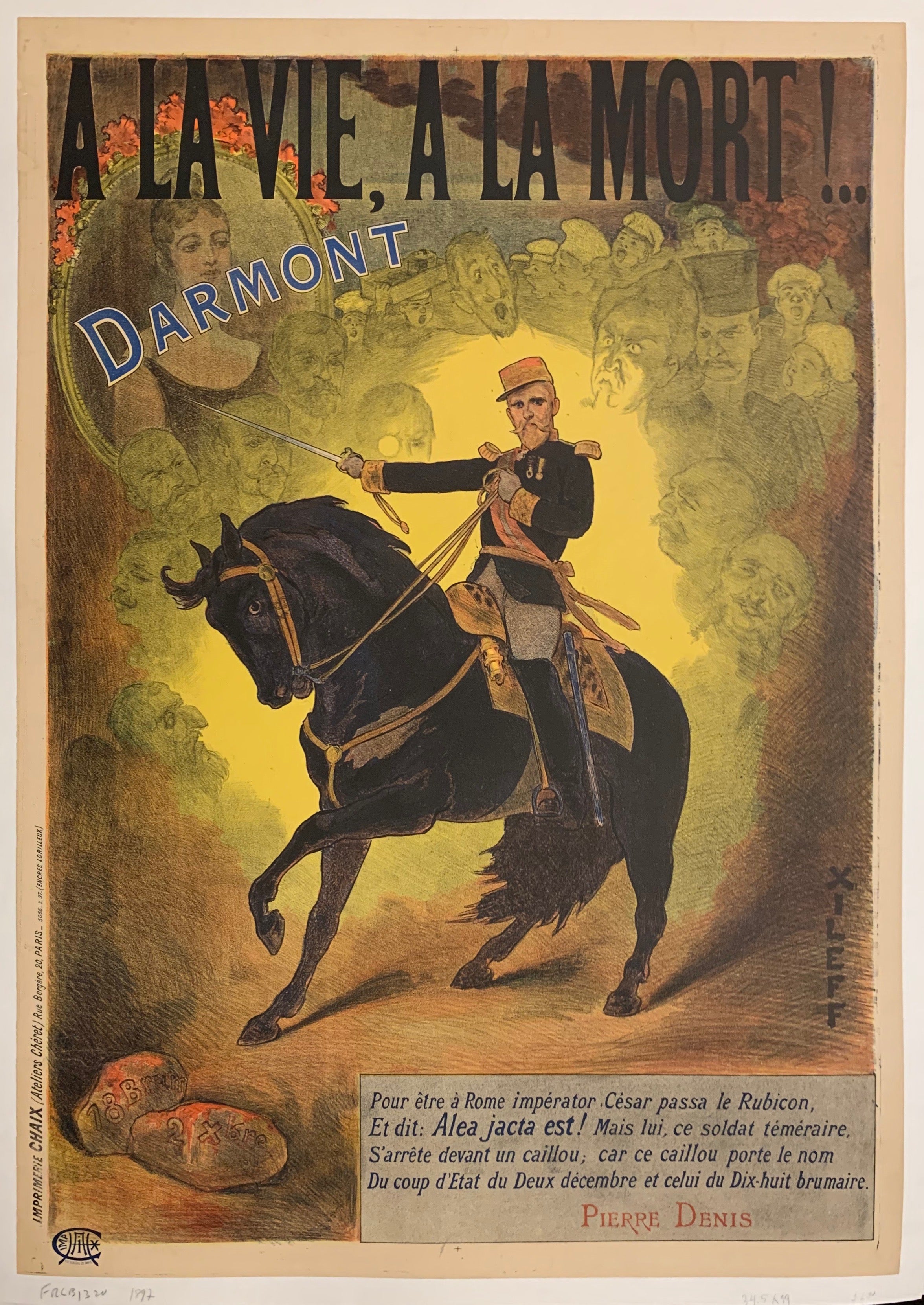 in center french soldier on black horse holding a sword. ghost faces surround him