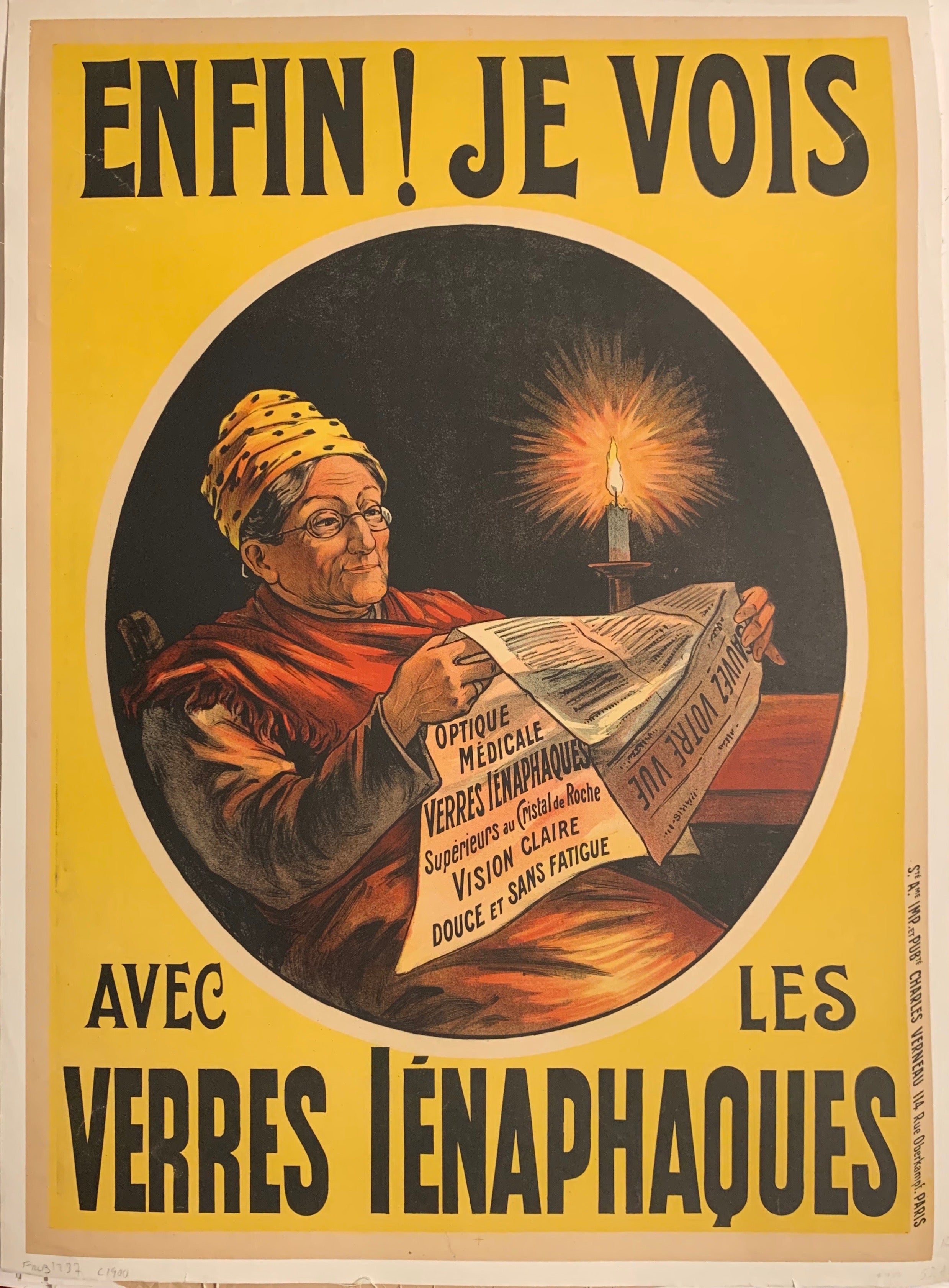 Turn of the Century poster of an old woman with eyeglasses reading the newspaper by the candle light.