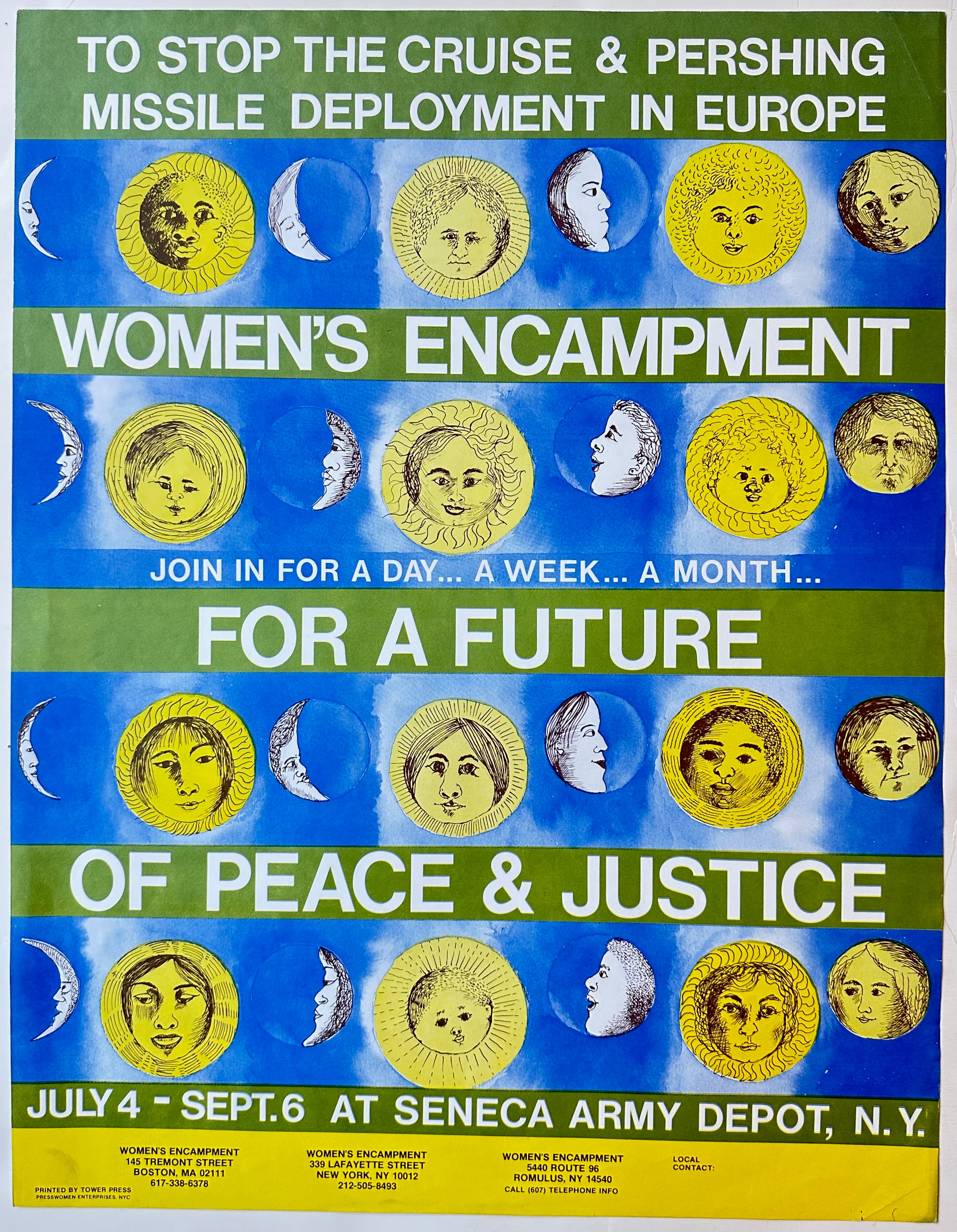 17x22 vertical political protest poster featuring moon phases with facial expressions against a blue and green striped background.