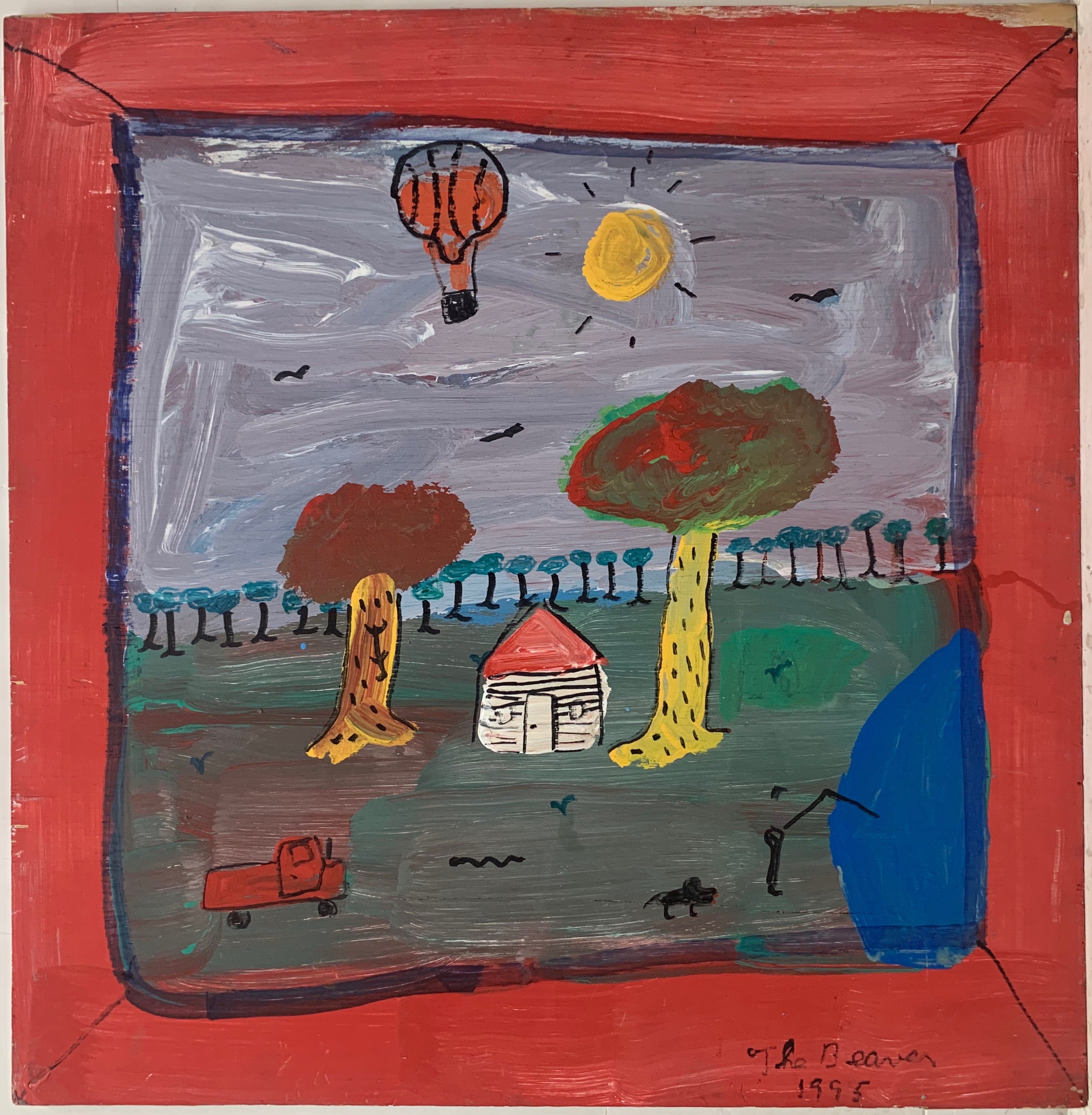 A landscape by the Beaver of a solitary house in a forest next to a lake. In the sky is a bright yellow sun and an orange hot air balloon. A man is fishing in the lake with his dog. A red tractor stand in the field.