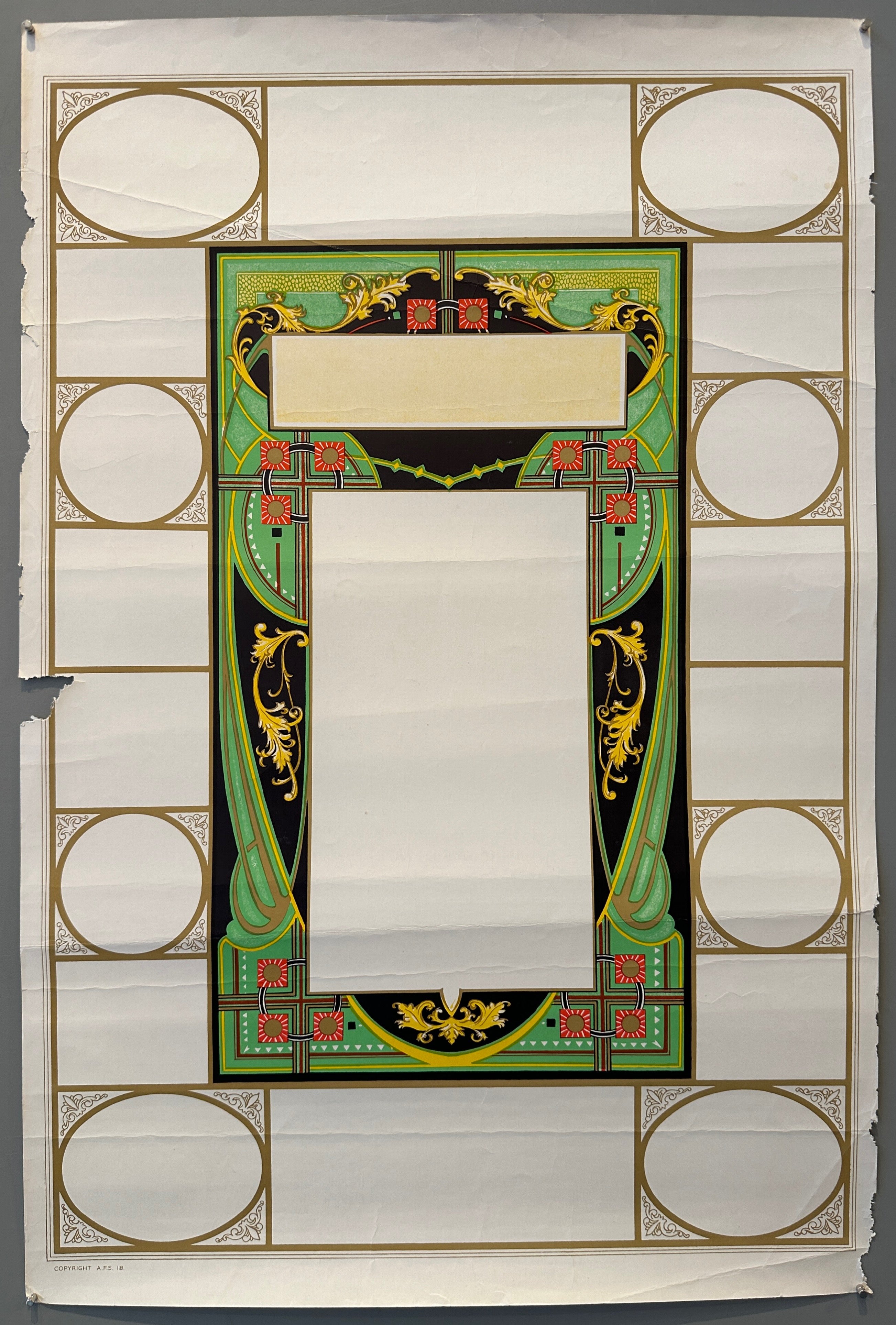 30x20 1920s stock poster with ornate green, gold, red, black pattern with many blank spaces to put other things in