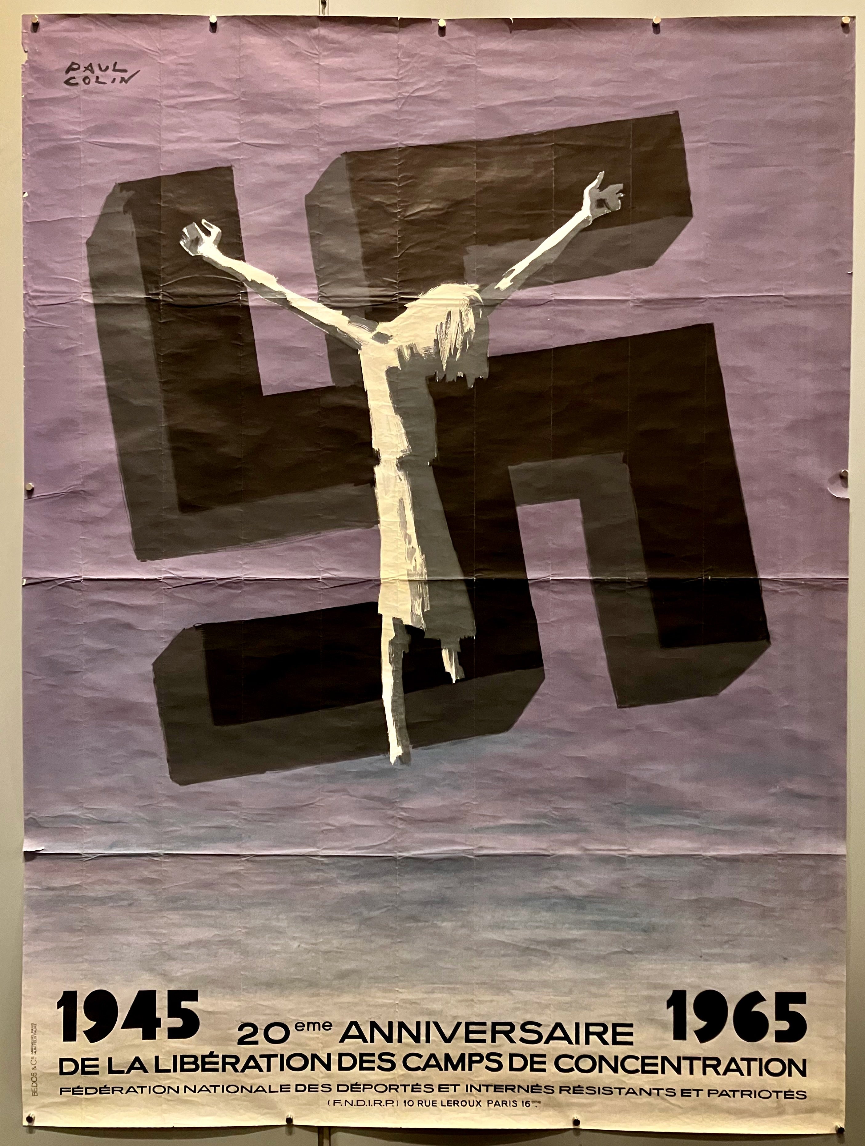 61x45 poster by paul colin for the 20th anniversary of the liberation of the holocaust concentration camps featuring a figure crucified on a large swastika
