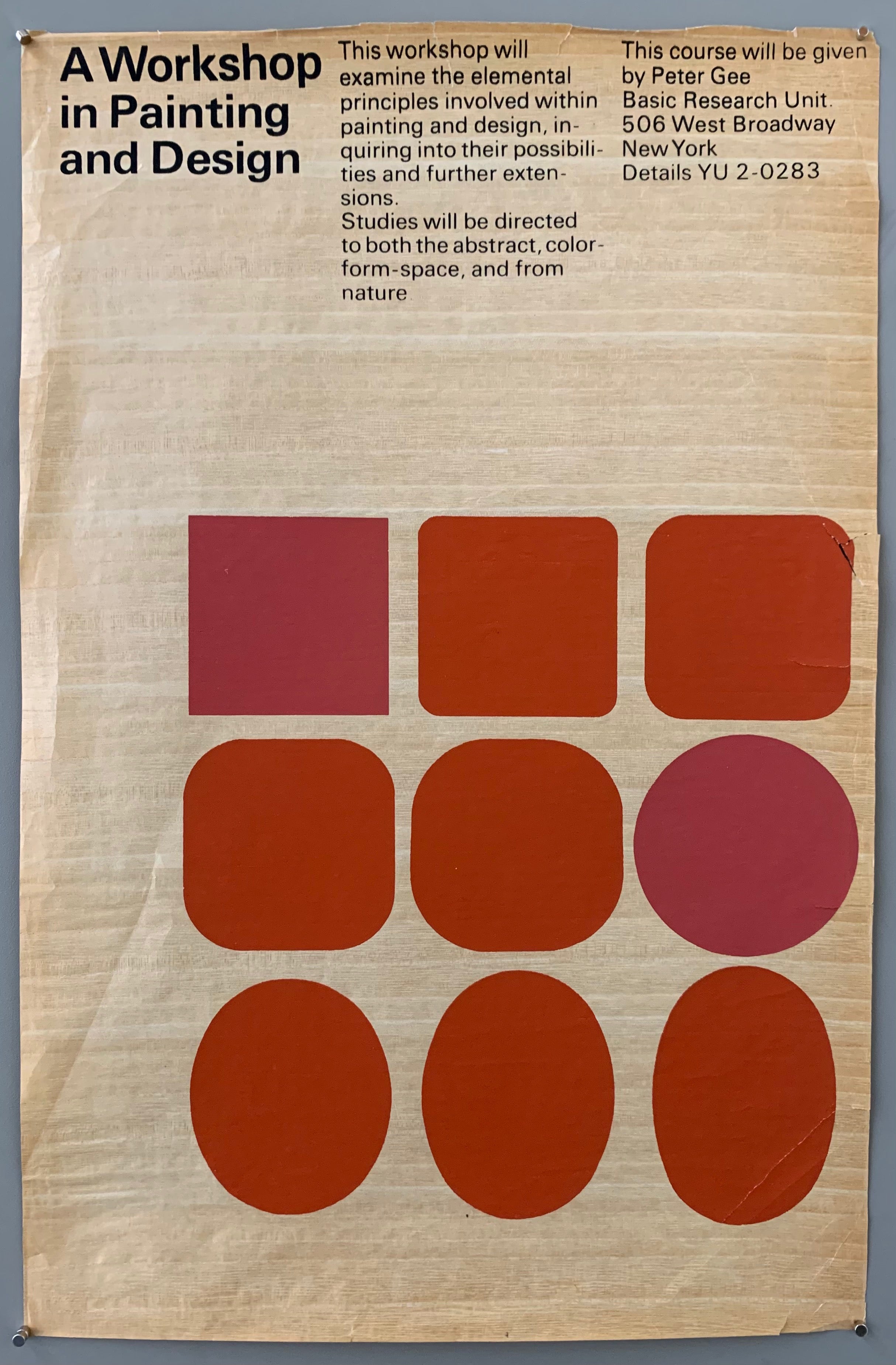 Beige poster with red squares and ovals