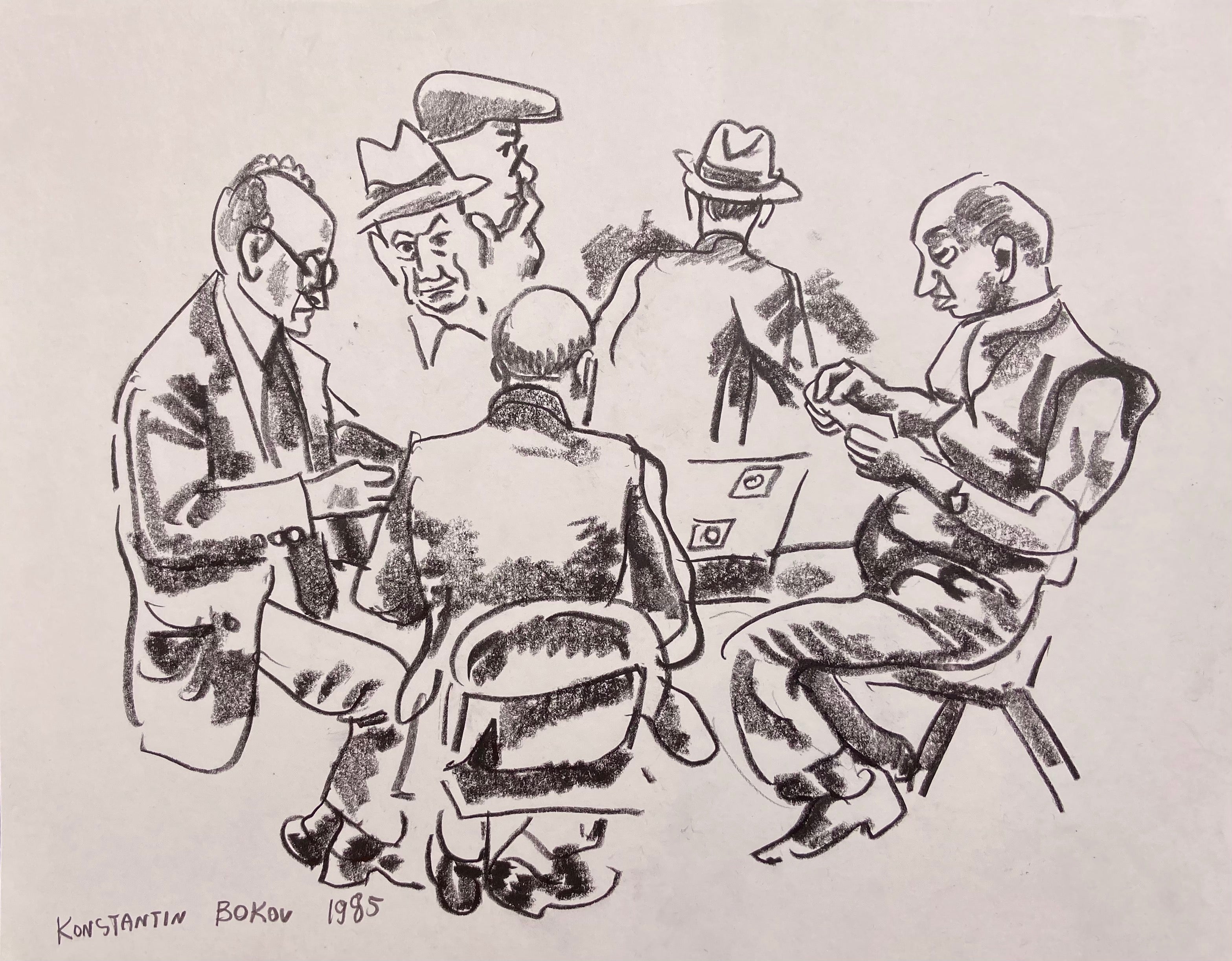 charcoal drawing of a card game