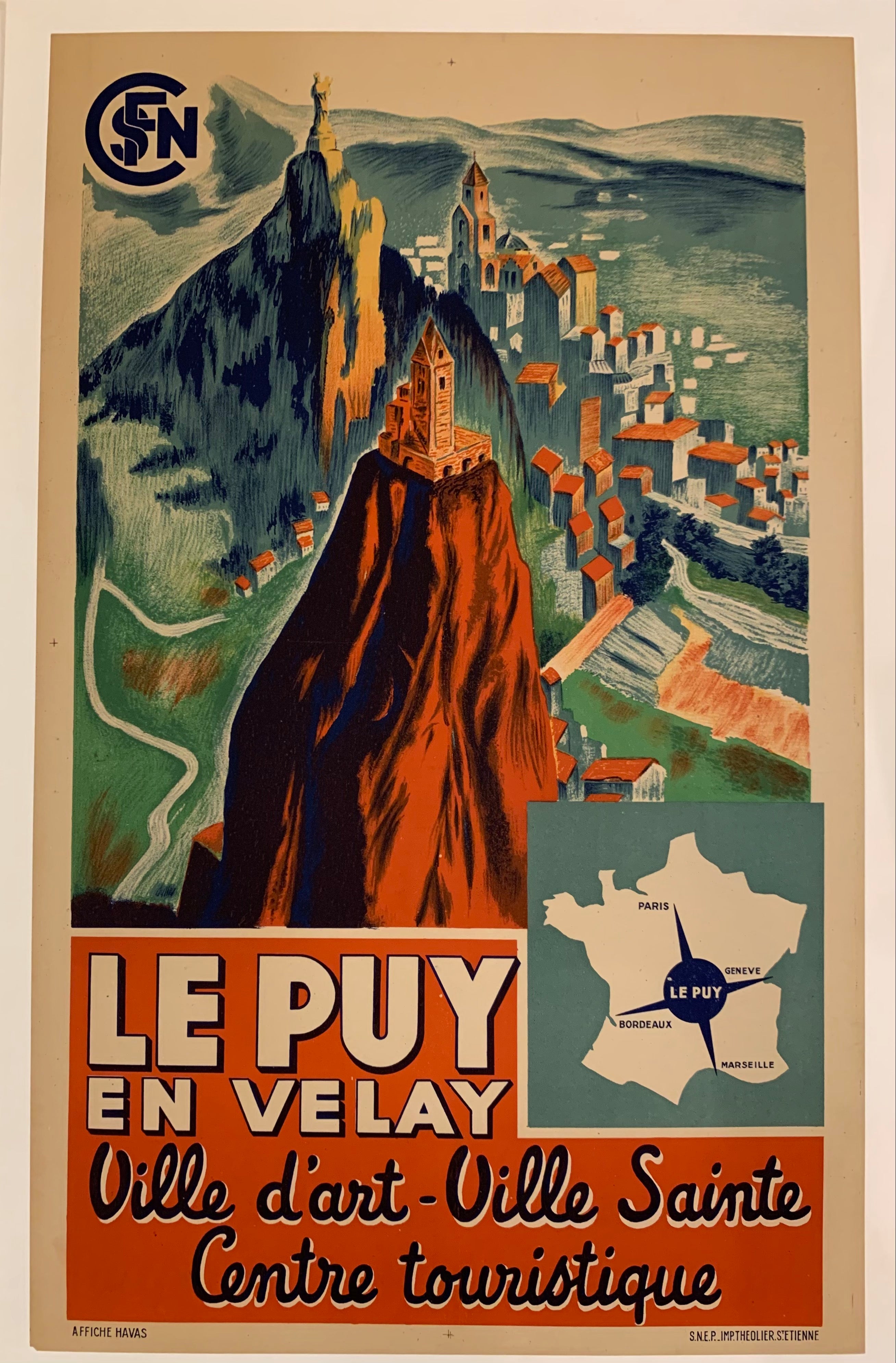 Poster of the French village le Puy en Velay, showing an overhead view of the village.