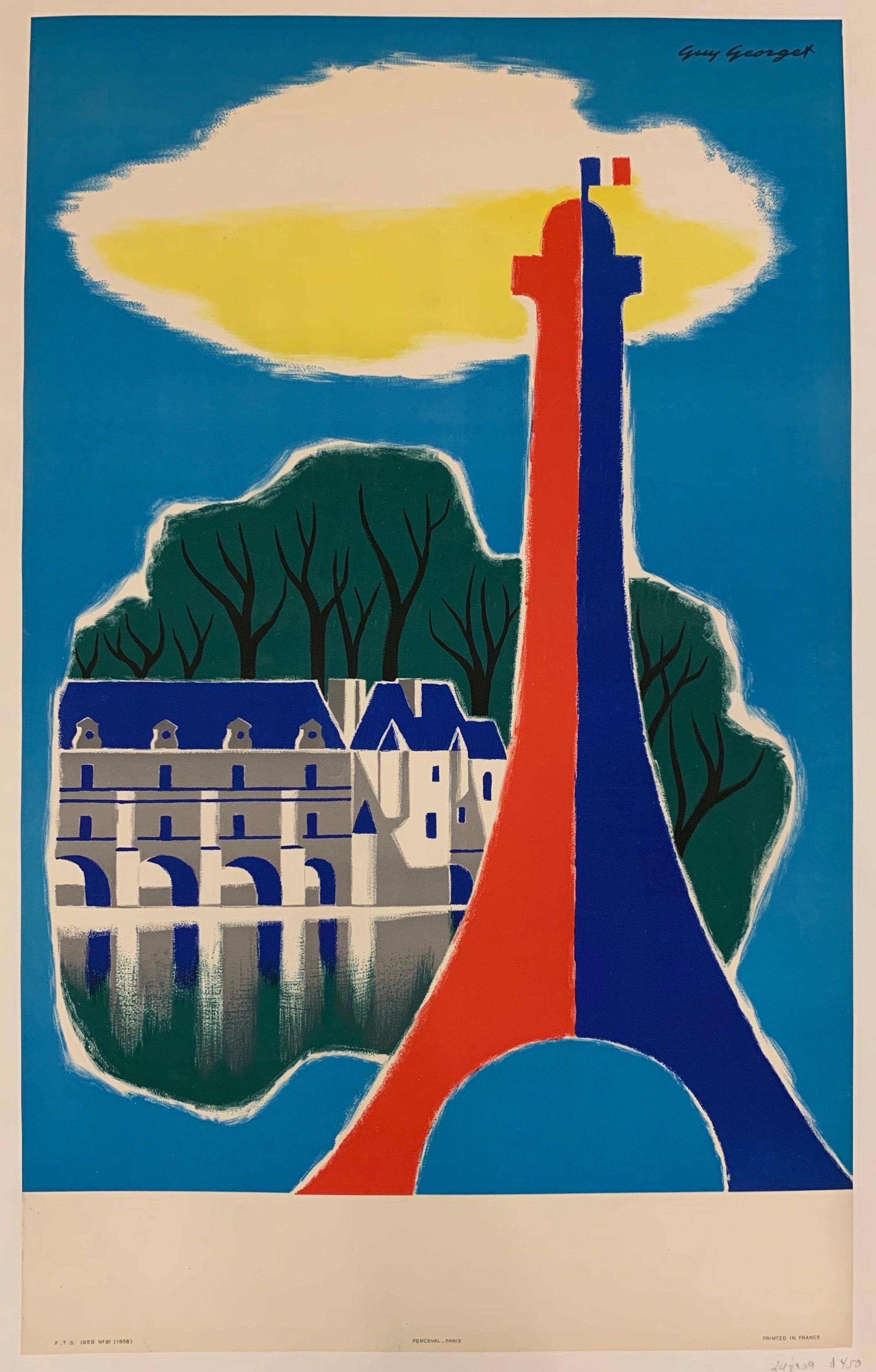 Poster of a red, white, and blue Eiffel Tower with an image of a chateau overlooking the water in the background.