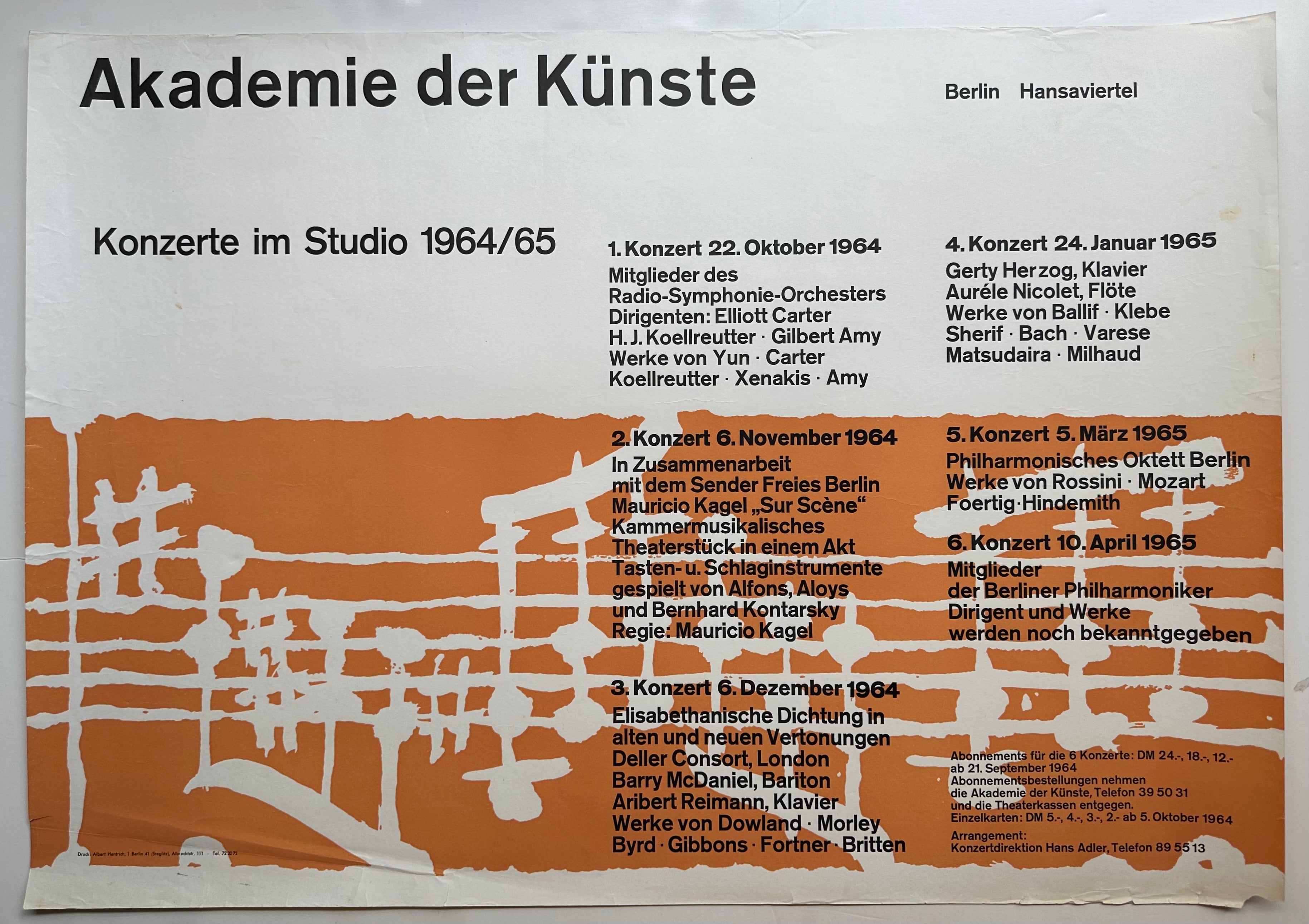 24x33 german poster promoting studio concerts held in 1964-65 at the akademie der kunste in berlin featuring orange and white musical score design with concert information